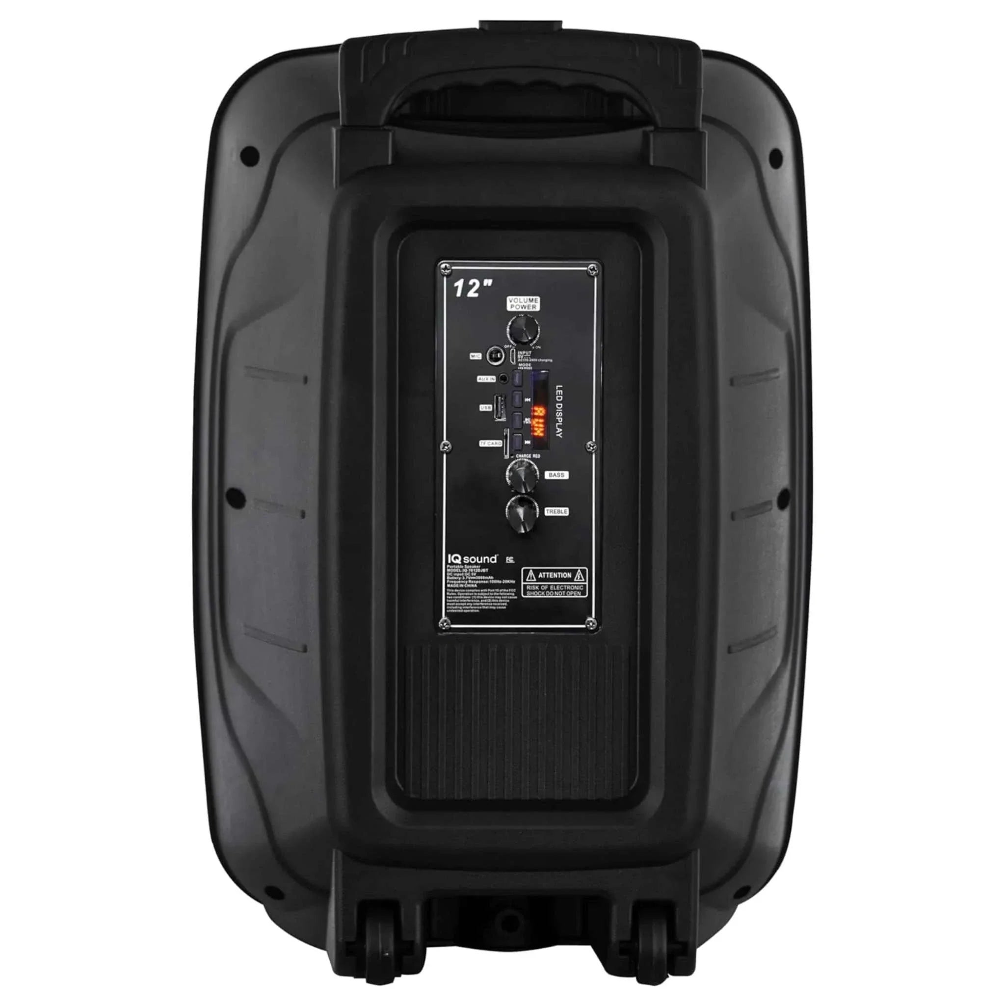 Back view of Supersonic 12" Portable Bluetooth DJ Speaker showing controls and handle