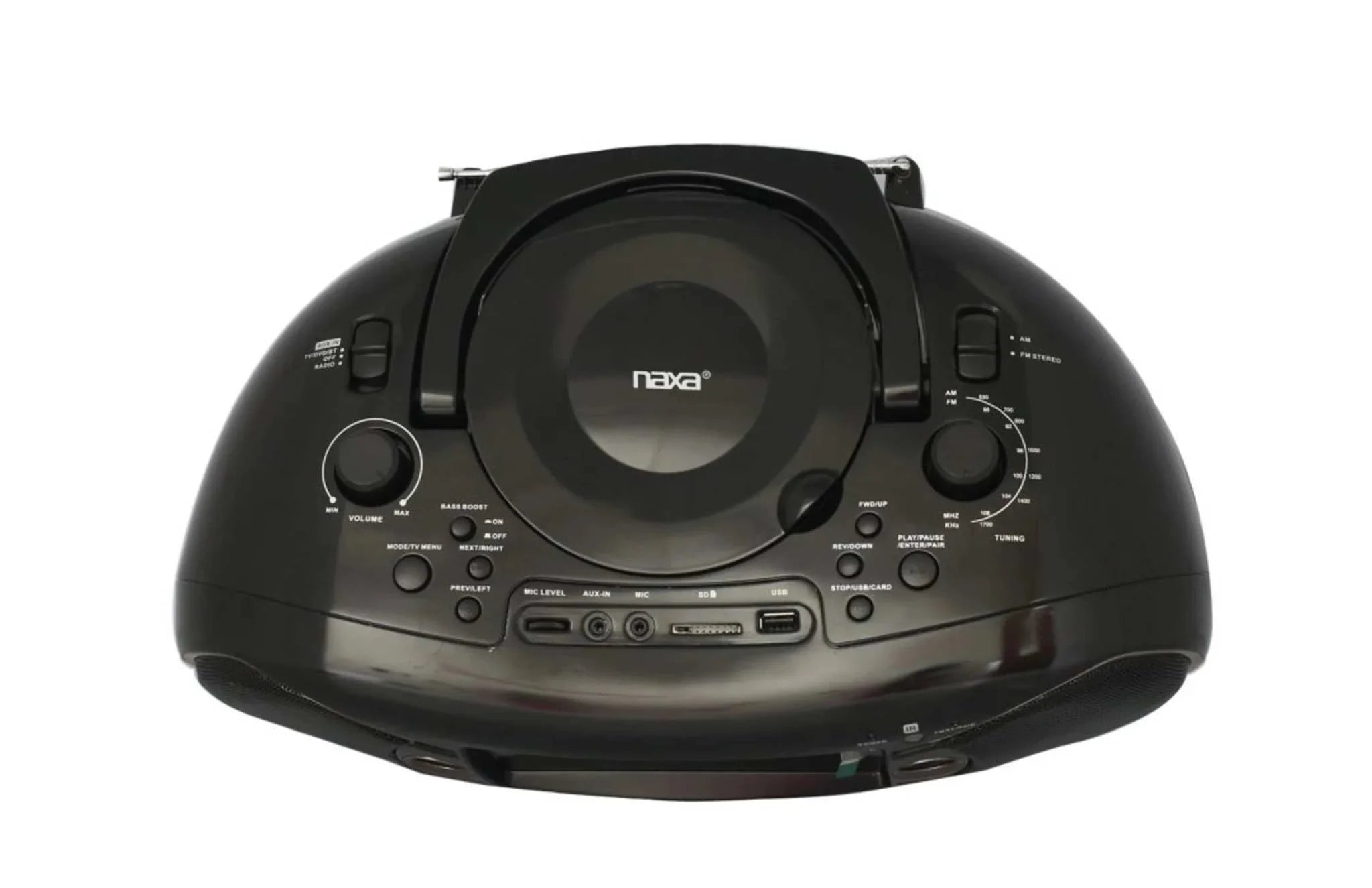 Black Bluetooth DVD Boombox with built-in speakers, CD player, radio tuner, and multiple connectivity ports
