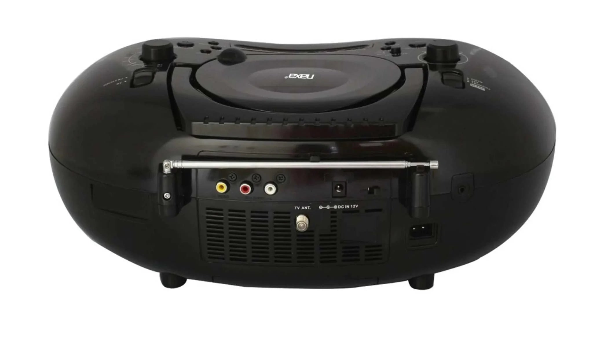 Black Bluetooth DVD boombox with TV antenna and multiple audio-video input ports on rear side.