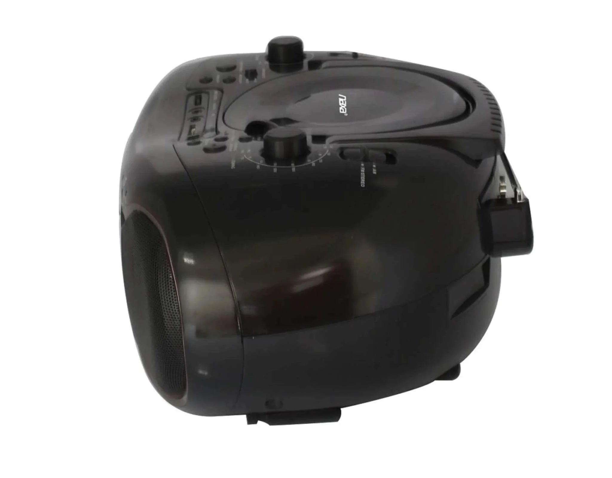 Compact black Bluetooth DVD Boombox with built-in speakers and top-loading DVD player.