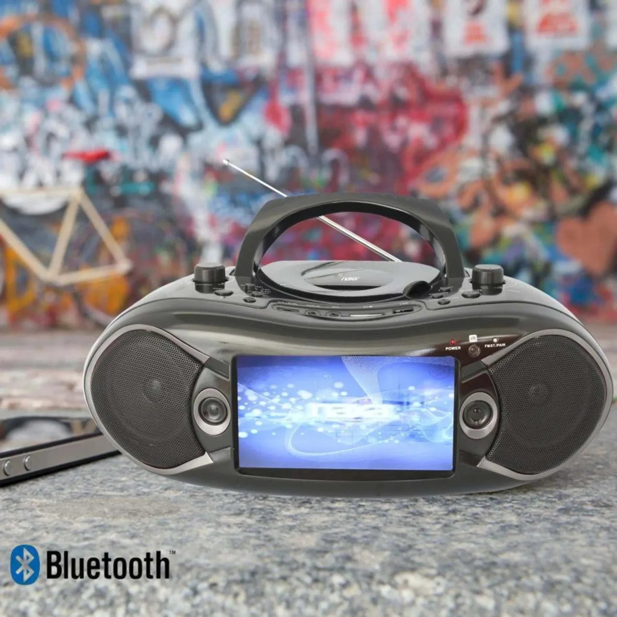 Portable Bluetooth DVD Boombox with 7-inch TV screen and twin speakers for outdoor entertainment