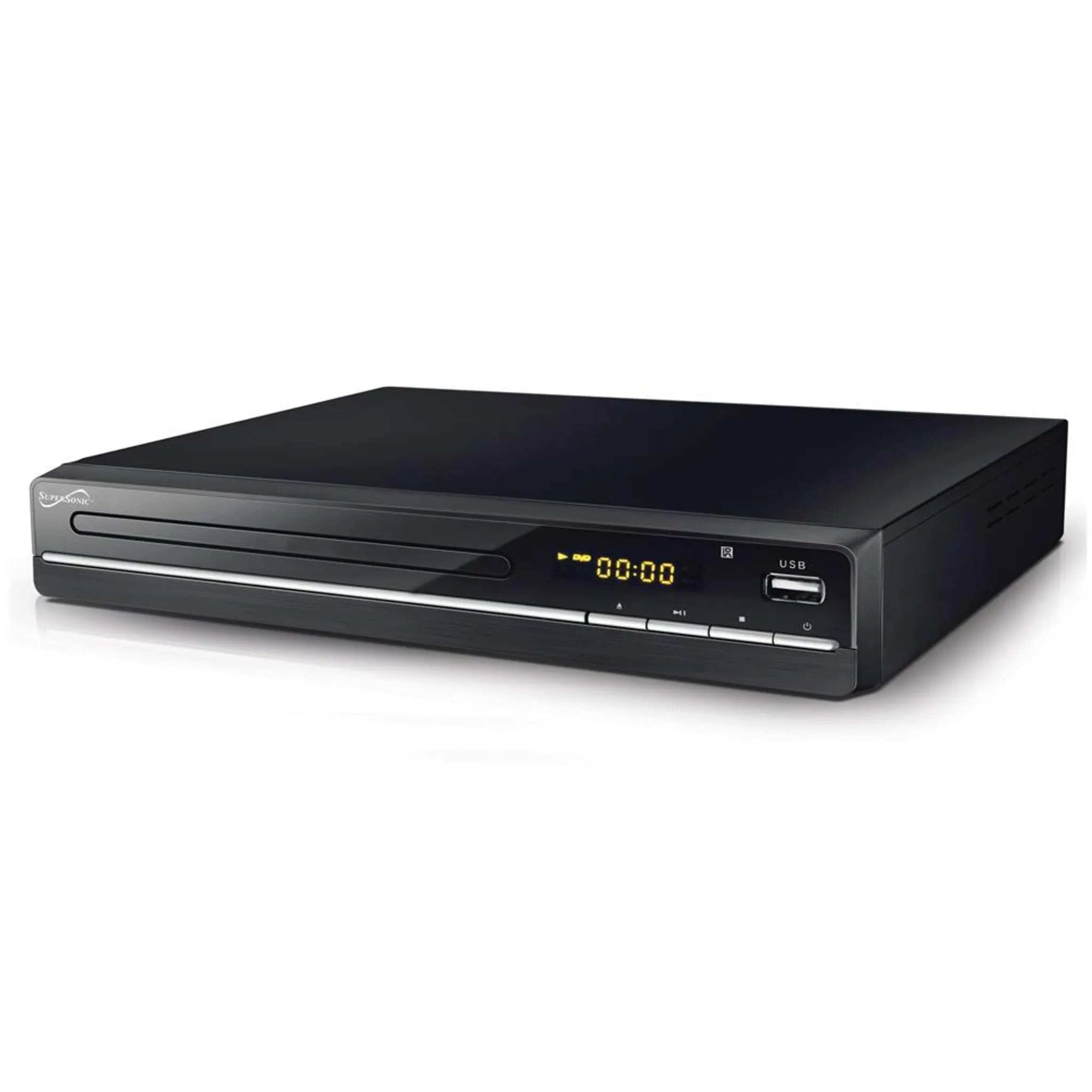 2.0 Channel DVD Player with HDMI output, USB port, digital display, and front panel buttons in sleek black design