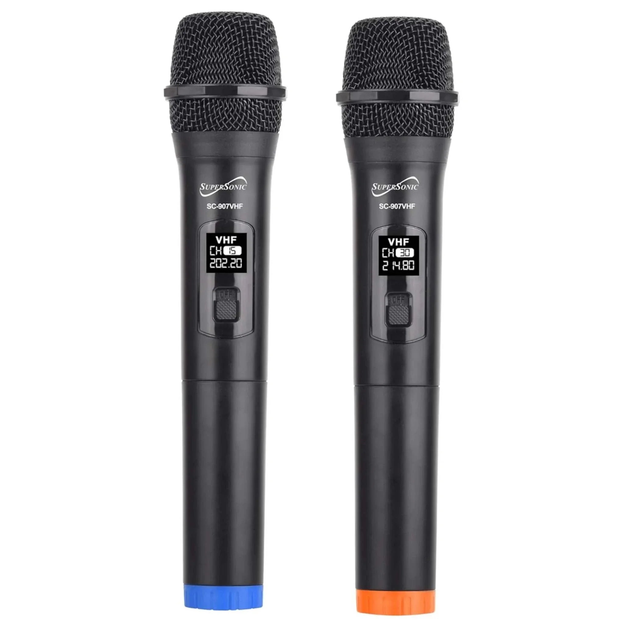 Supersonic VHF Dual Fixed Channel professional wireless microphones with LED display and color-coded bases in black design