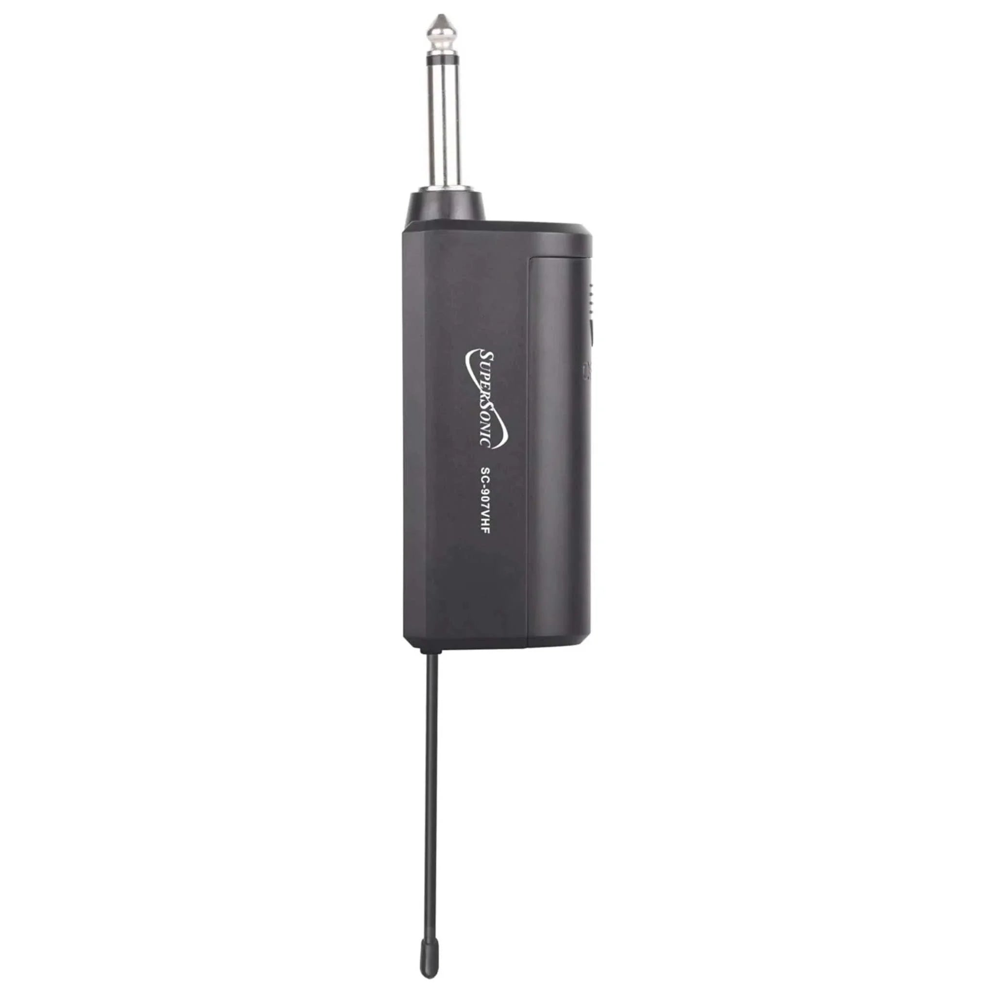 Supersonic VHF Dual Fixed Channel wireless microphone transmitter with 6.35mm input and antenna.