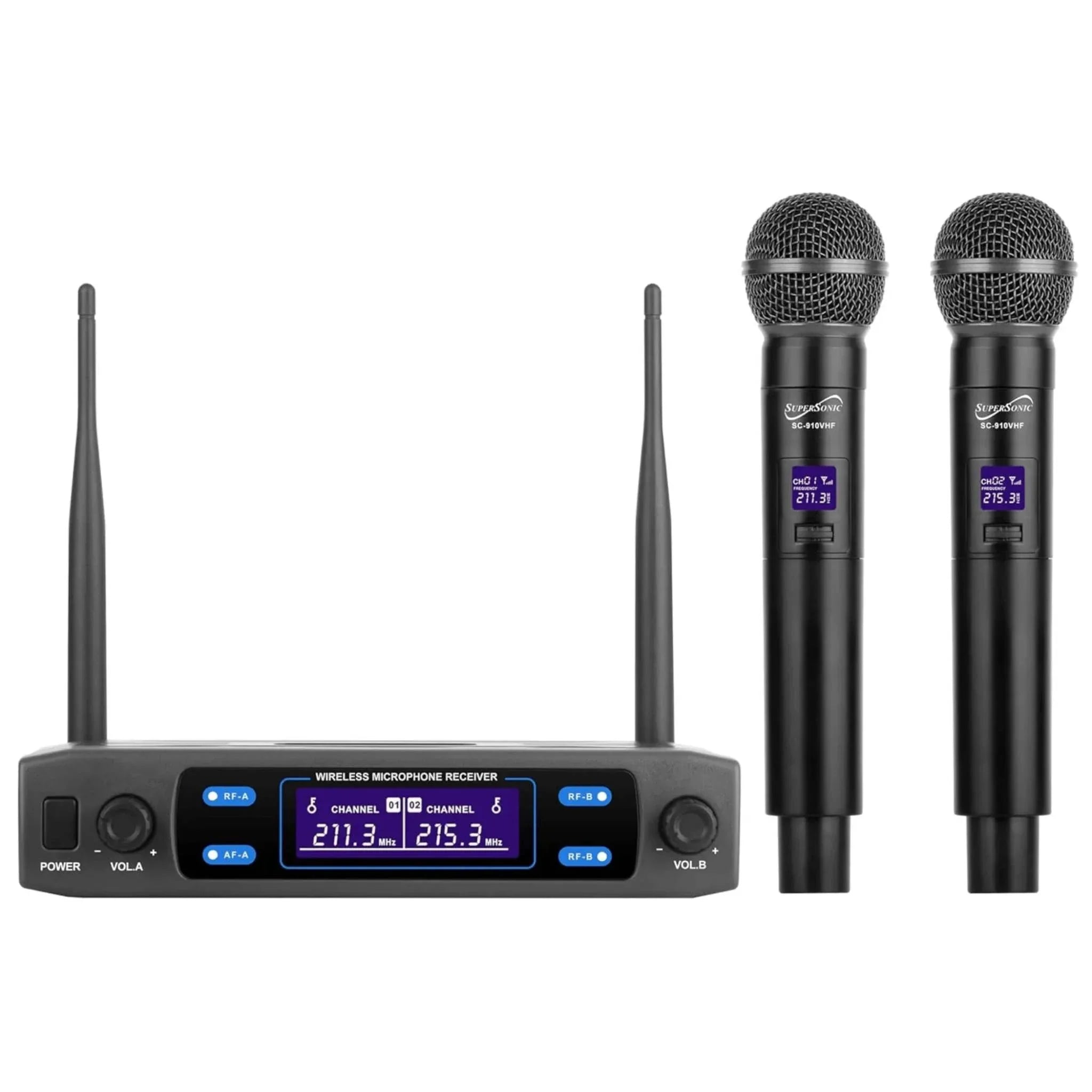 Supersonic VHF Dual Fixed Channel wireless microphone system with dual handheld mics, receiver, antennas, and digital display