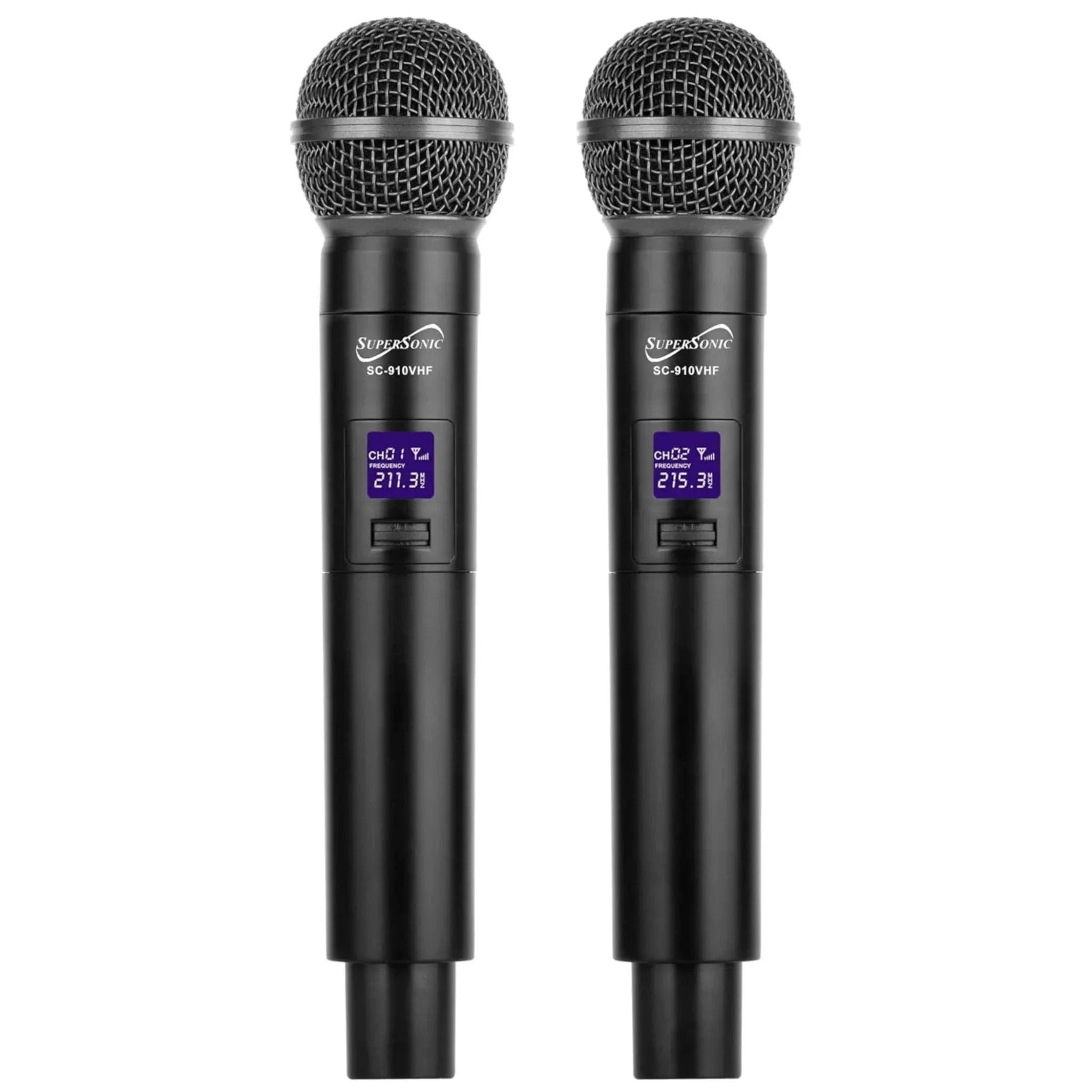 Supersonic VHF Dual Fixed Channel professional wireless microphones with LCD screen display and black metal body
