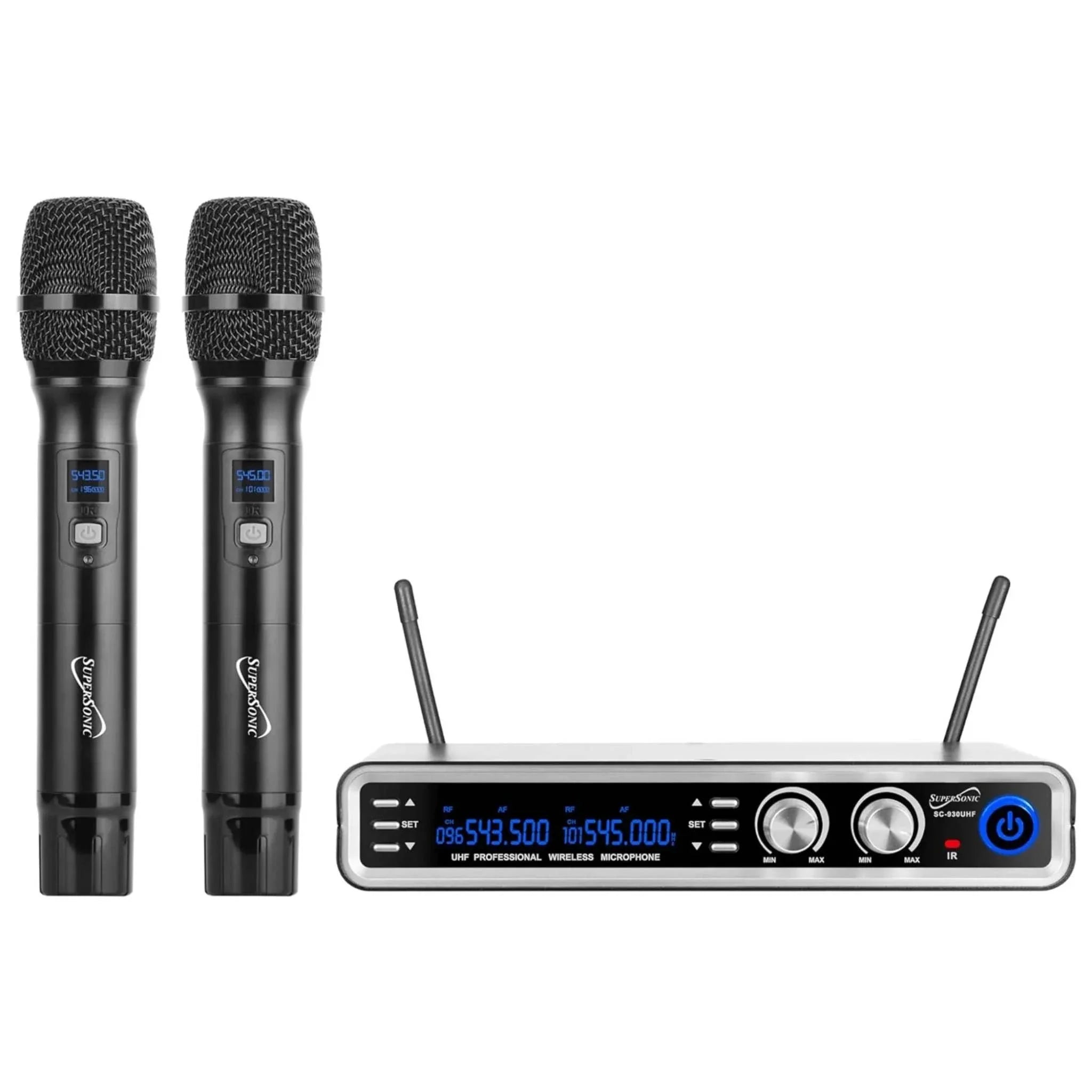 Supersonic UHF Dual Channel professional wireless microphone system with two handheld microphones and receiver with LED display and dual antennas