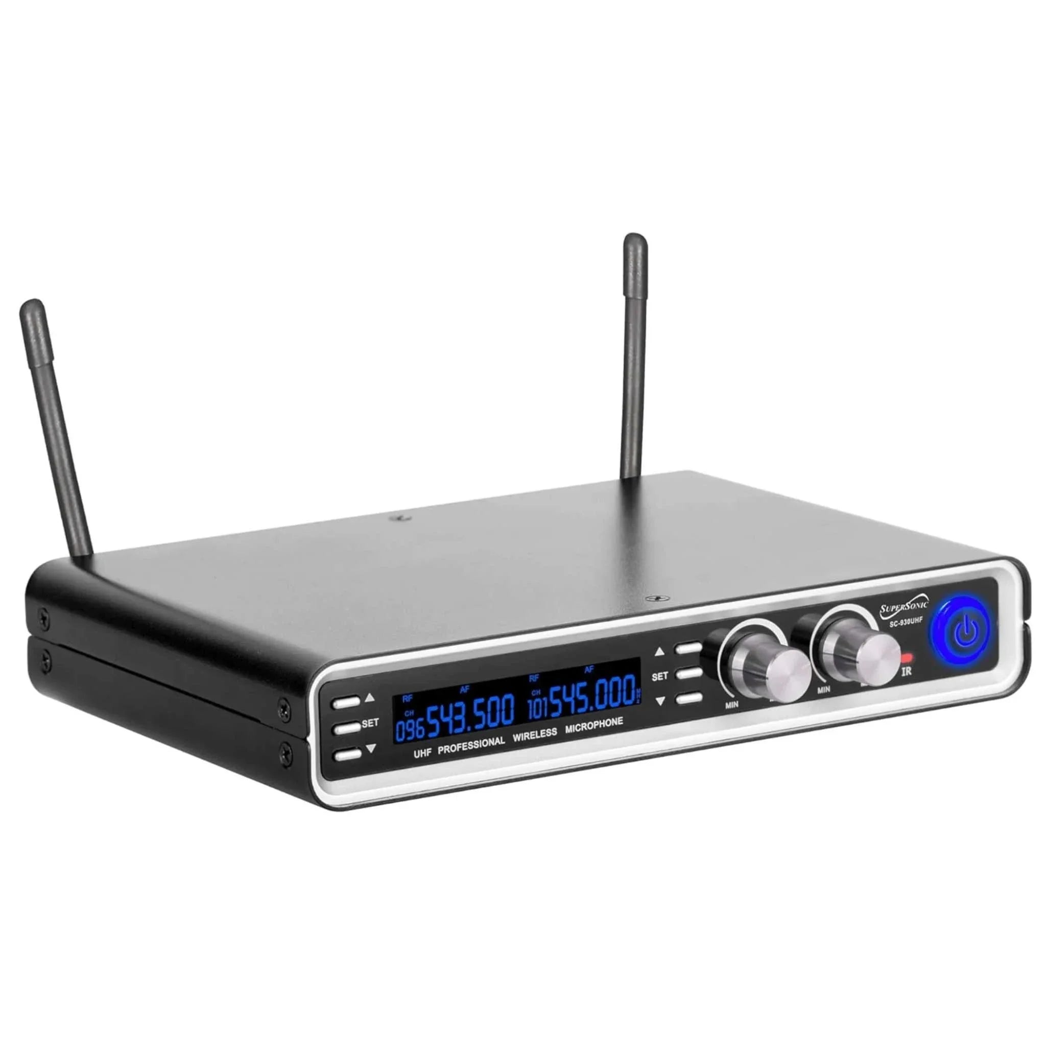 Supersonic UHF Dual Channel professional wireless microphone receiver with dual antennas and LED display