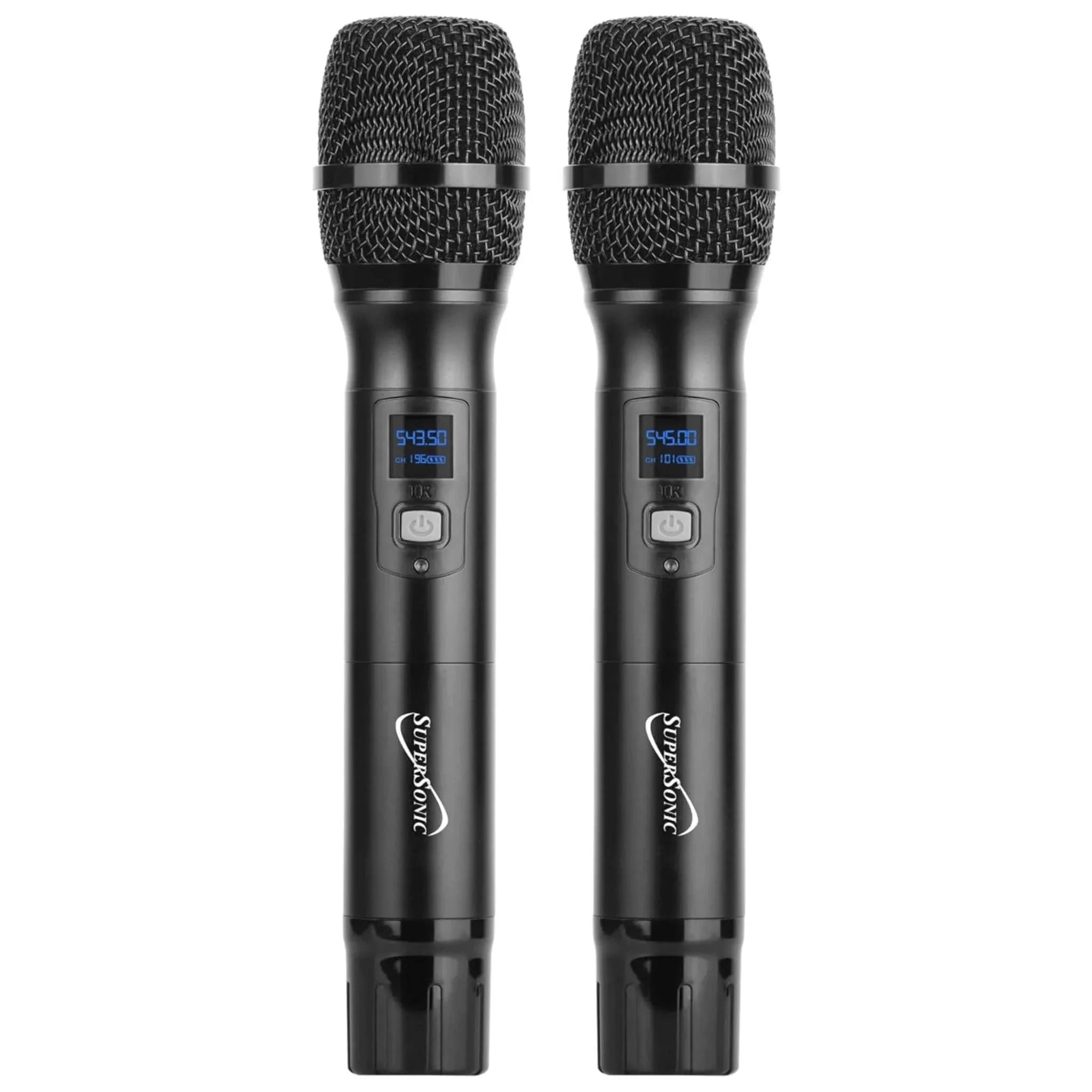 Two black Supersonic UHF Dual Channel professional wireless microphones with digital displays and power buttons.