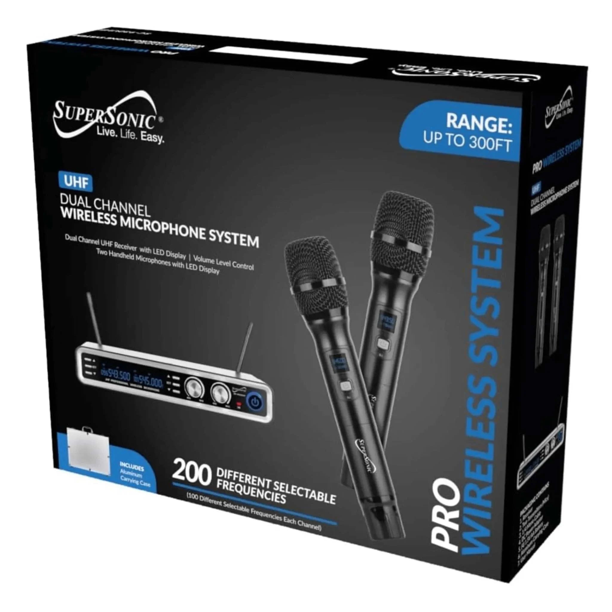 Supersonic UHF dual channel professional wireless microphone system with two handheld microphones and up to 300ft range in black packaging