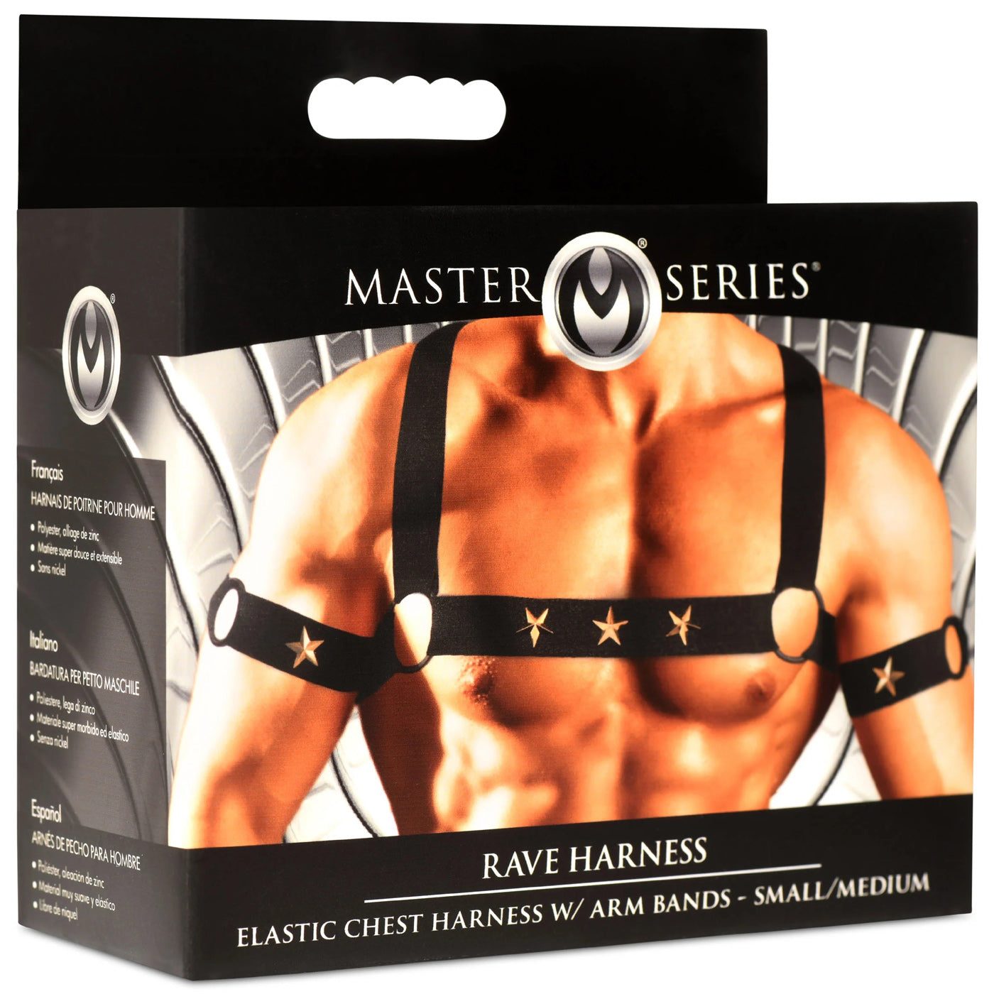 Star Boy Male Chest Harness With Arm Bands in Black, featuring bold nickel-free metal star accents and O-Rings.