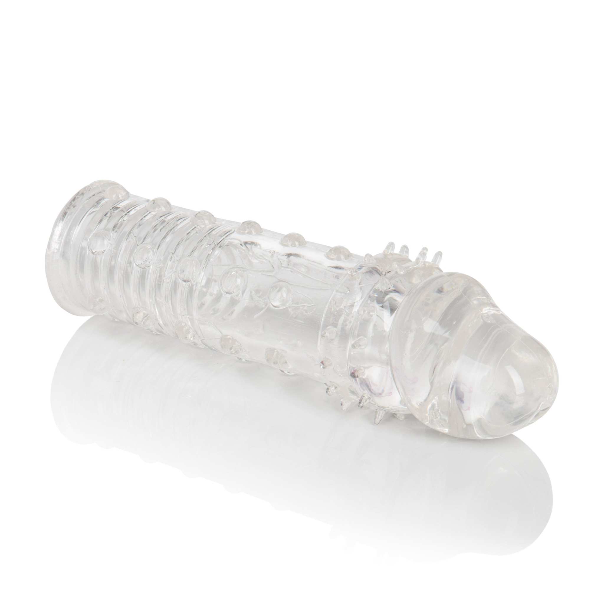 Clear Apollo Extender sleeve with textured ribbing for added stimulation and 2-inch length enhancement