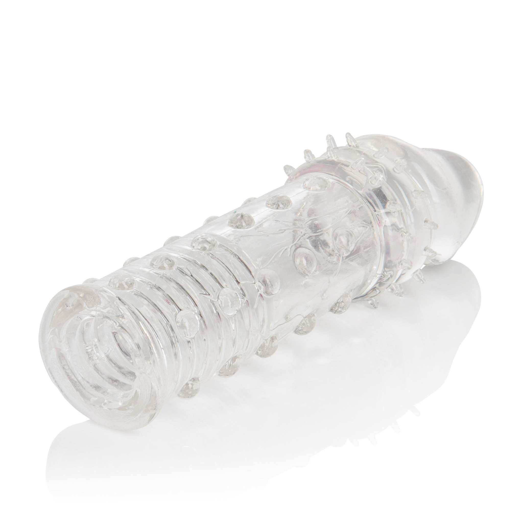Clear Apollo Extender intimate sleeve with textured ribbing for enhanced pleasure and comfort