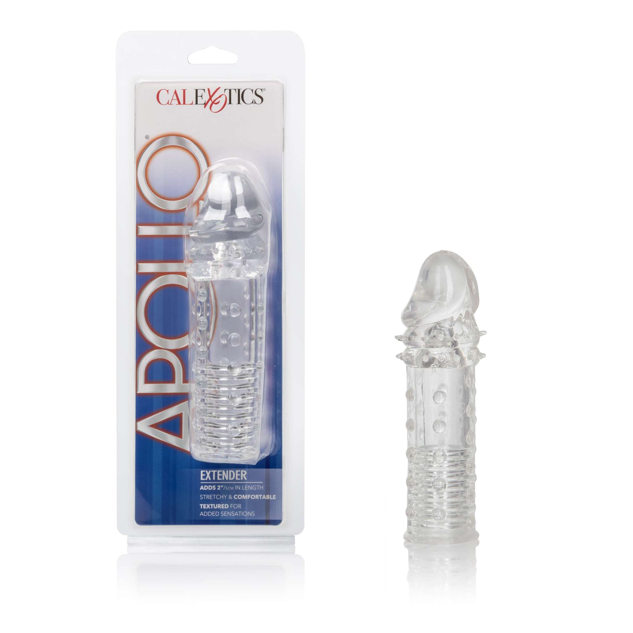 Clear Apollo Extender by CalExotics, textured stretchy intimate extender adding 2 inches for enhanced pleasure and comfort