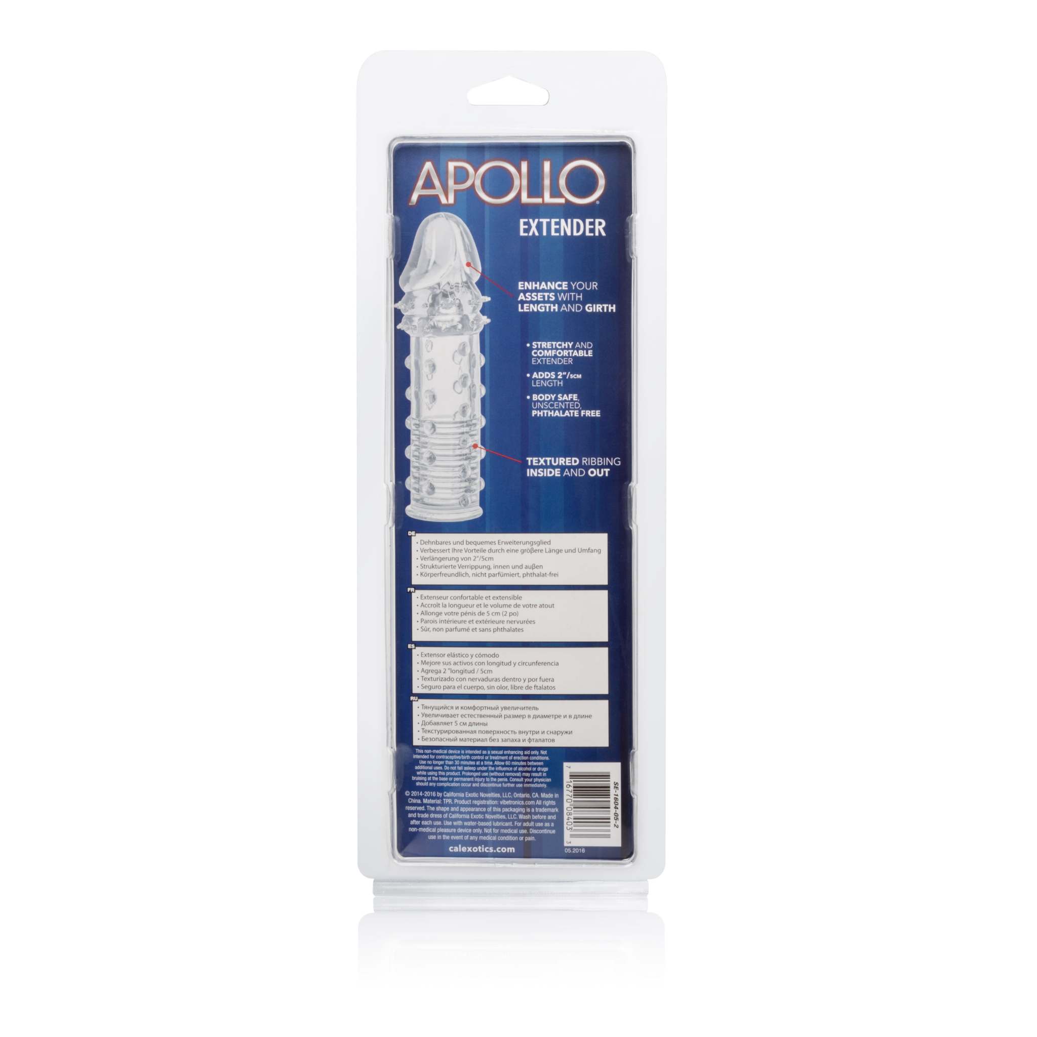 Clear Apollo Extender with textured ribbing for enhancing length and pleasure