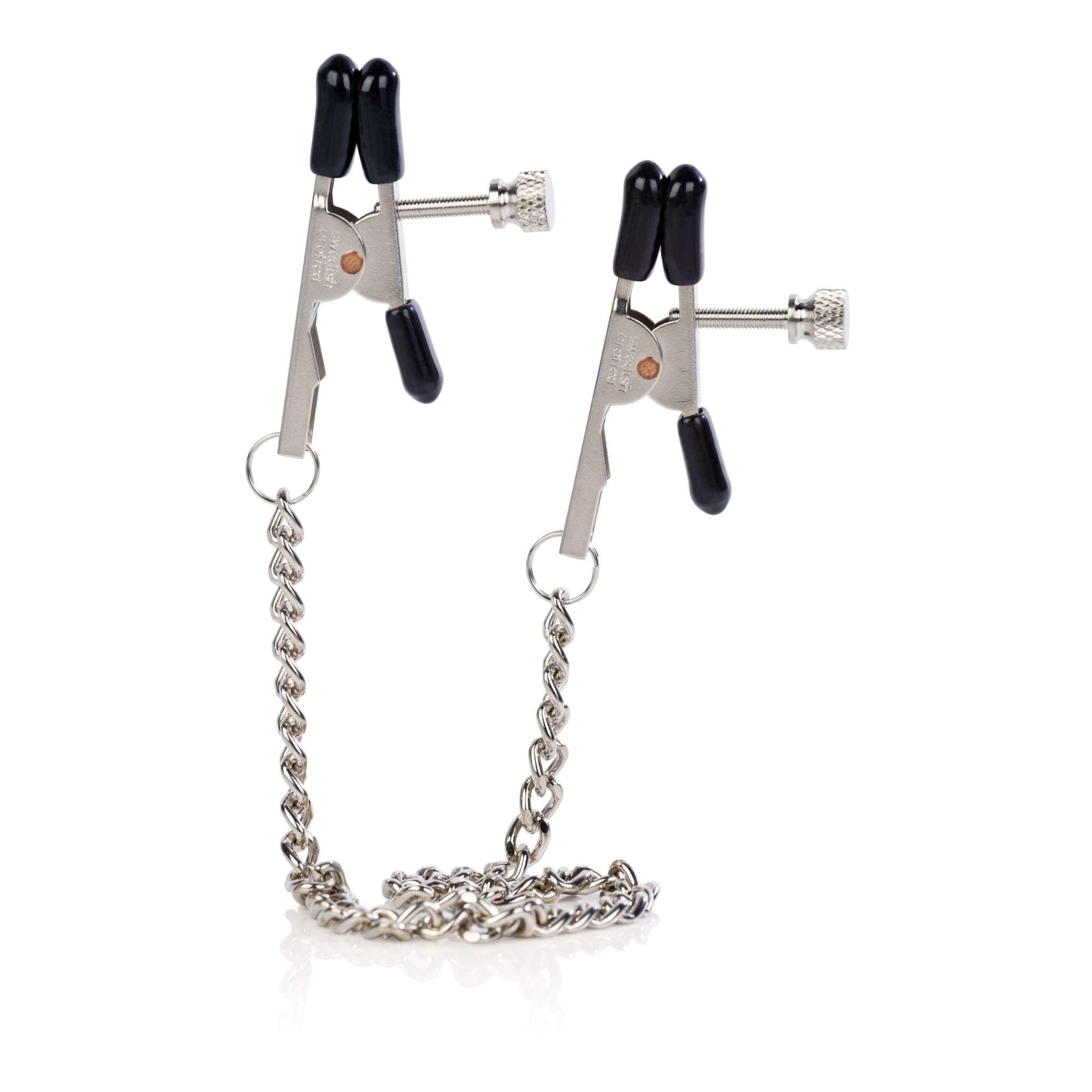 Nipple Play Bull Nose Nipple Clamps with adjustable tension and connected by silver chain for intimate stimulation and comfort.
