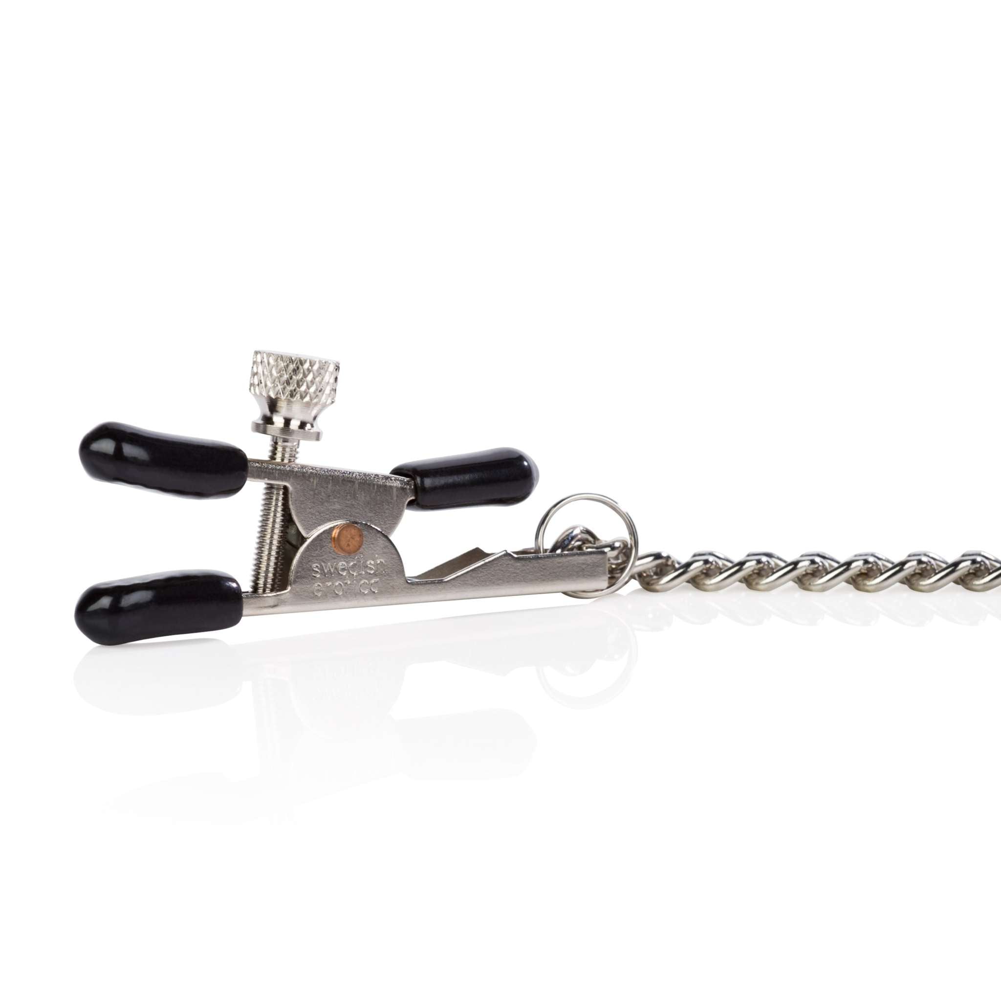 Close-up of adjustable Nipple Play Bull Nose Nipple Clamp with black tips and attached chain on white background