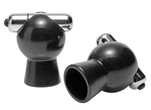 Reverb Vibrating Nipple Suckers with black squeezable design and silver bullet vibes for enhanced arousal.