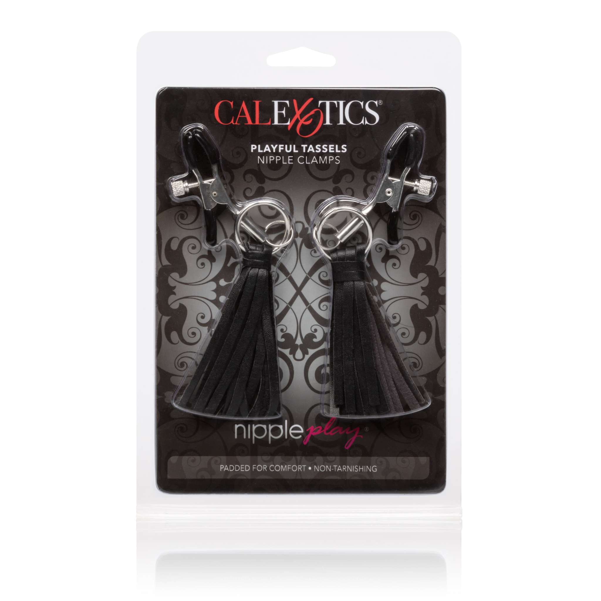 Nipple Play Playful Tassels Nipple Clamps in black with soft vegan leather tassels for sensory pleasure.