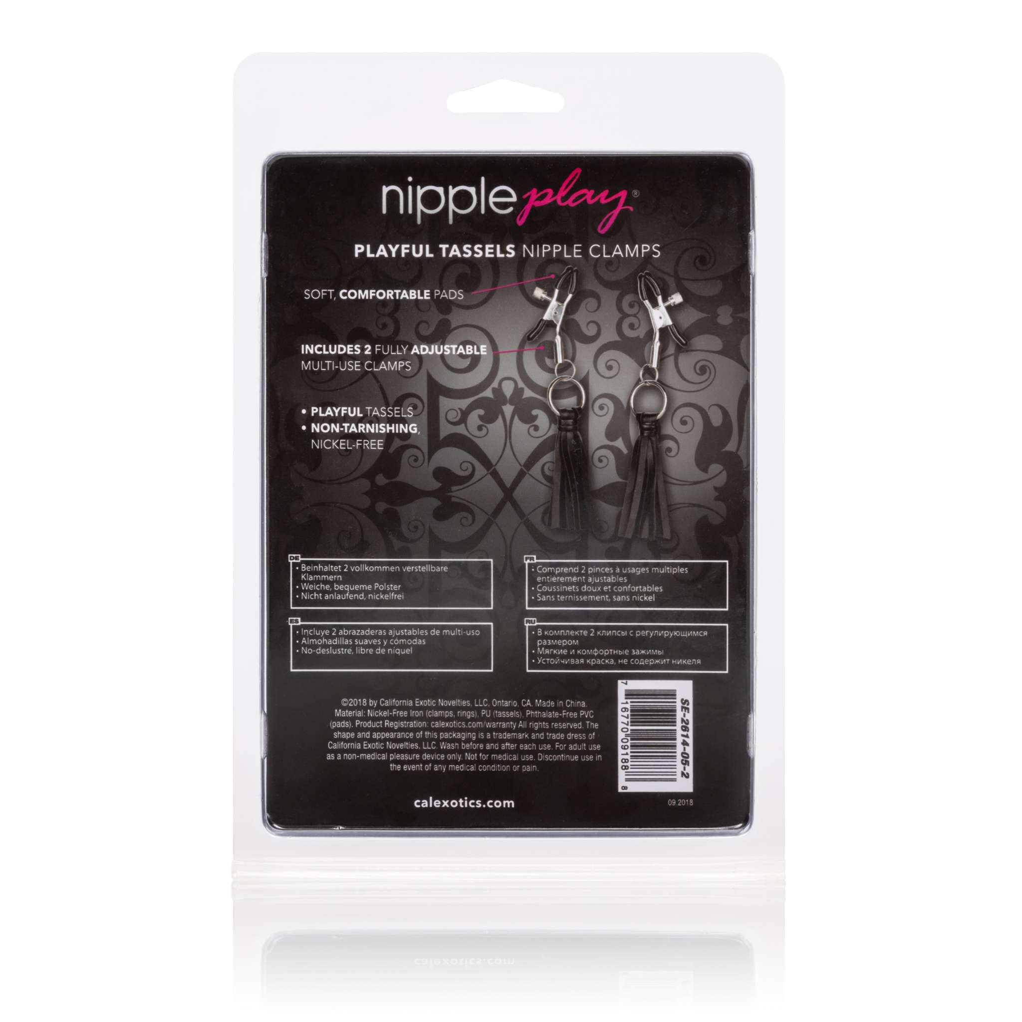 Nipple Play Playful Tassels Nipple Clamps in black packaging, featuring adjustable clamps with vegan leather tassels.