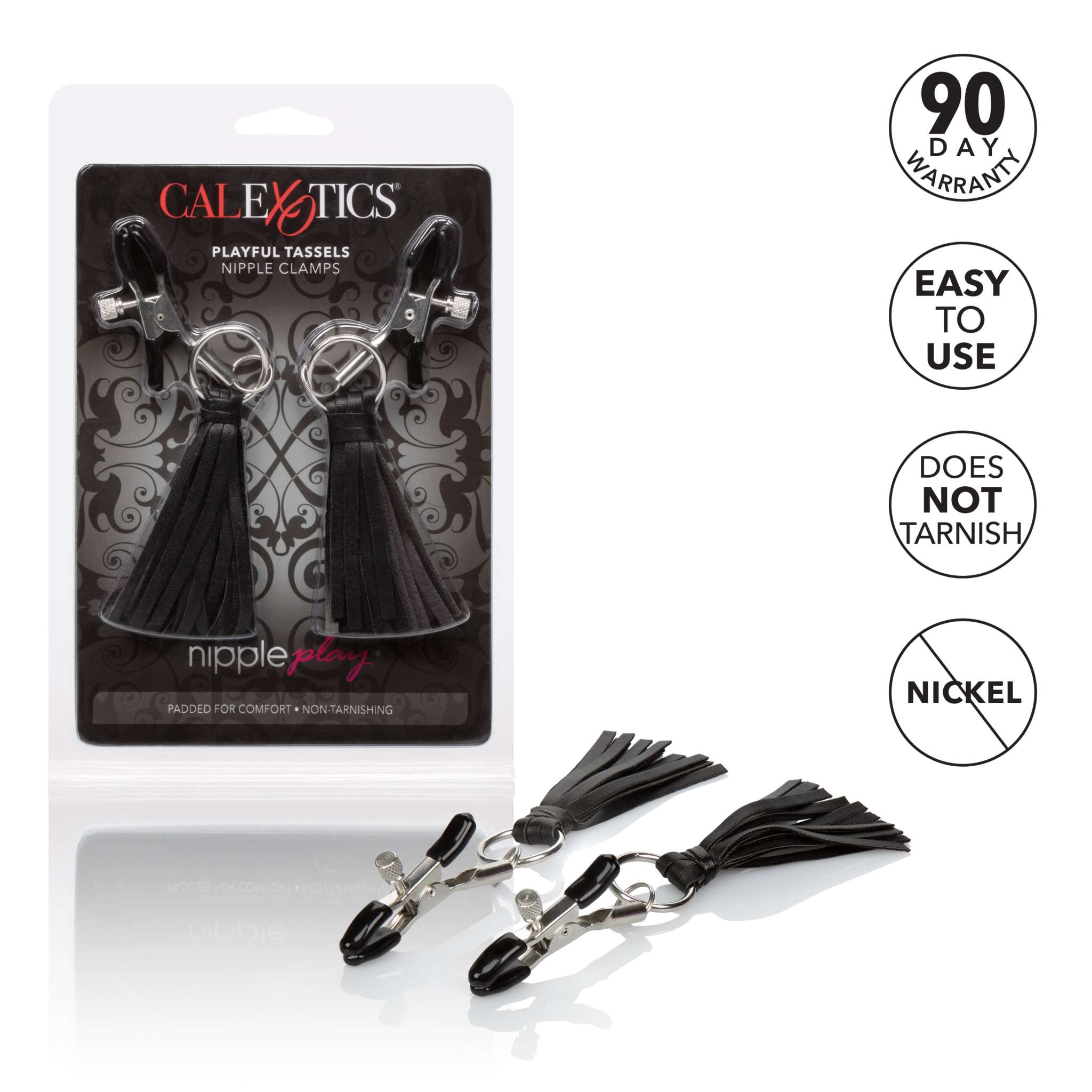 Nipple Play Playful Tassels Nipple Clamps in black, featuring vegan leather tassels and adjustable tension for customizable pleasure.