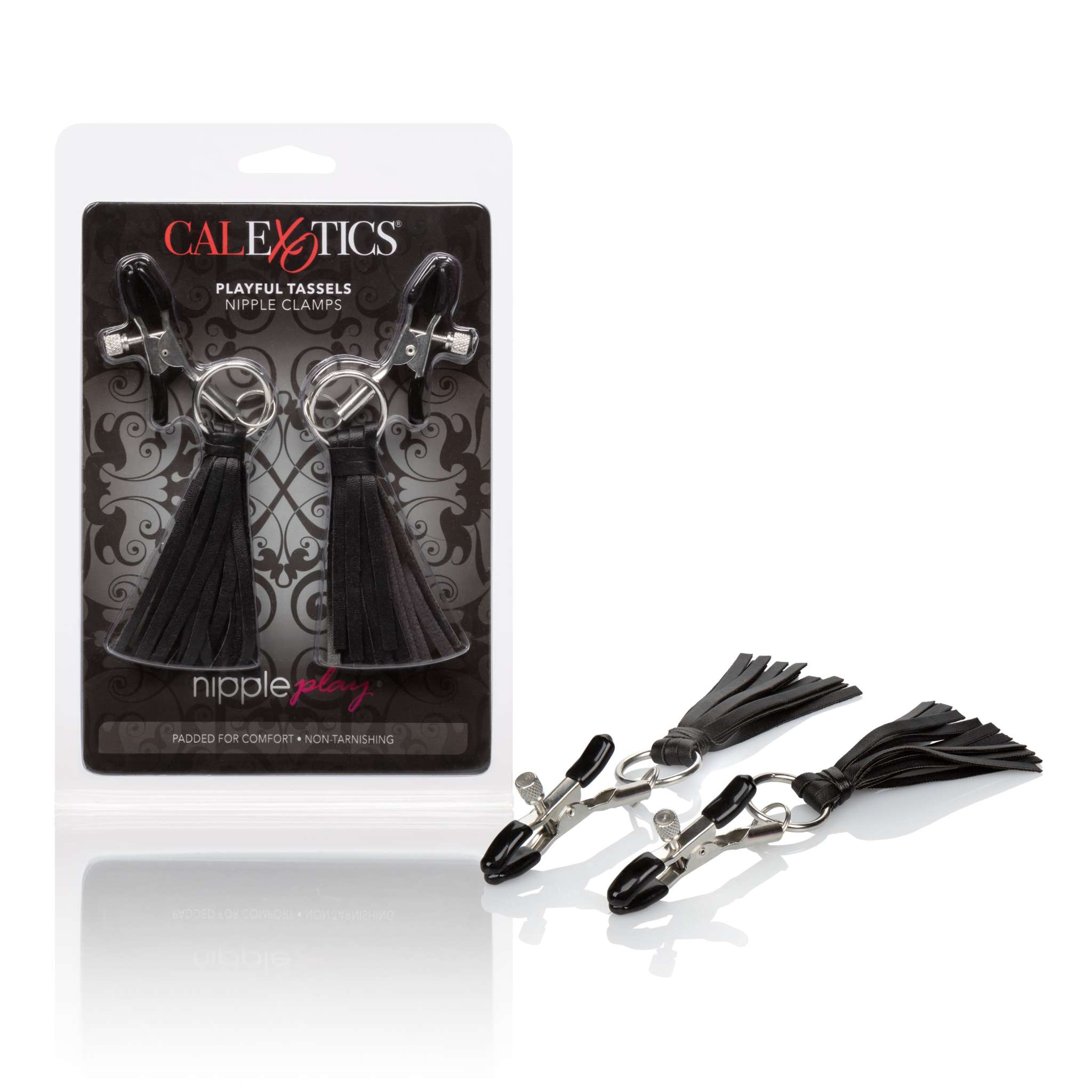 Nipple Play Playful Tassels Nipple Clamps in black with vegan leather tassels for sensory exploration.
