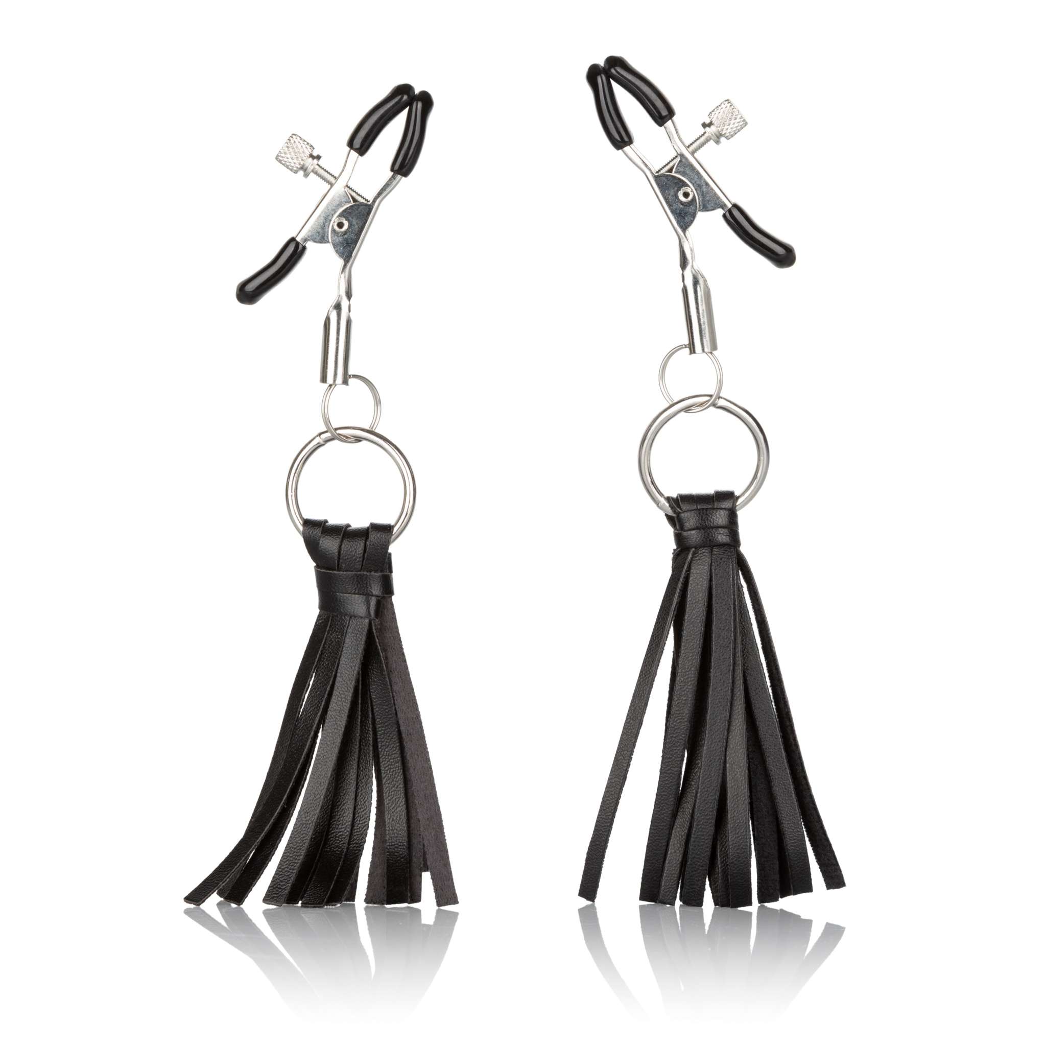 Nipple Play Playful Tassels Nipple Clamps in black with vegan leather tassels, adjustable tension, and PVC pads for comfort.