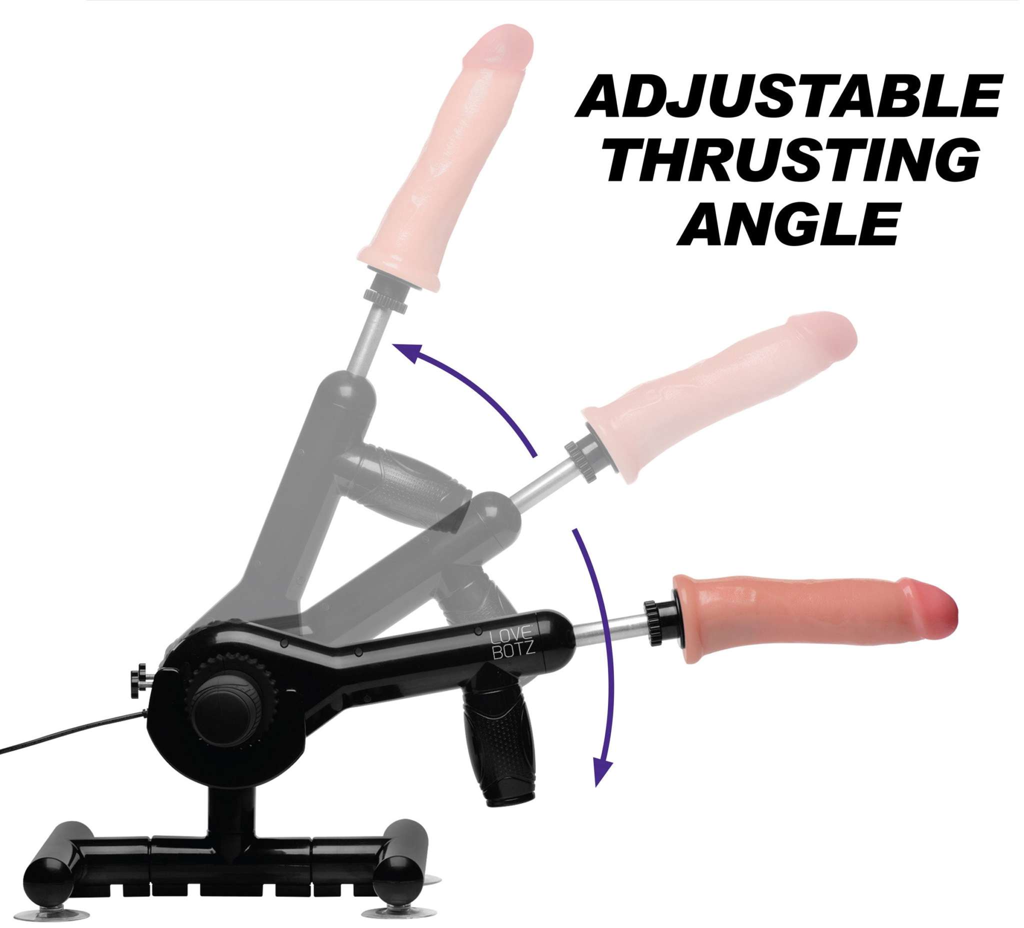 Pro-Bang sex machine with adjustable thrusting angle and realistic dildo attachment
