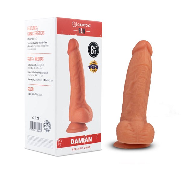 Raw Dildo Realistic Damian light skin tone with lifelike texture and suction base alongside product packaging