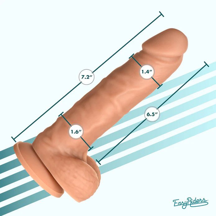 Easy Riders 7" silicone dildo with realistic texture, balls, and suction cup base for hands-free use