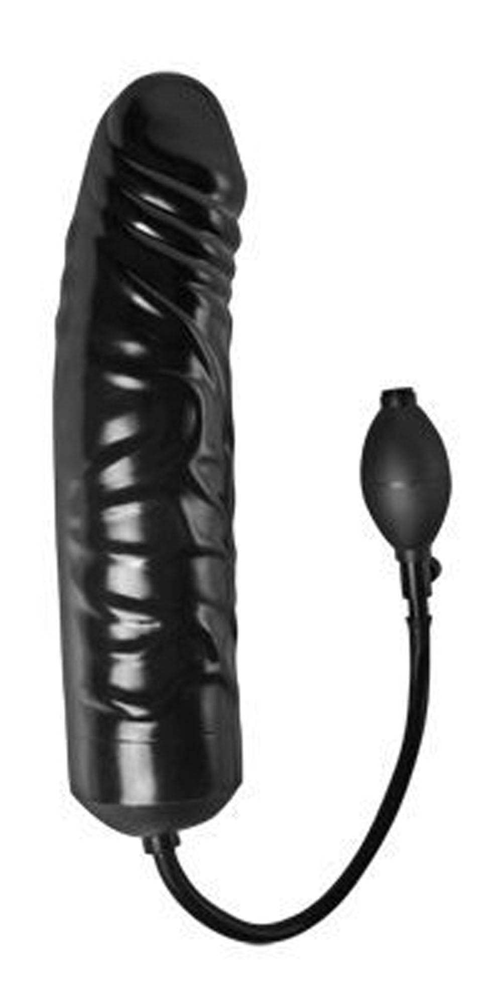 XXL inflatable black dildo with pump and textured surface for adjustable size and enhanced pleasure