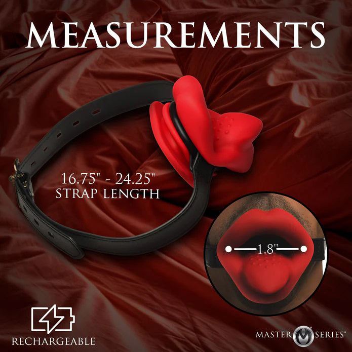 Vibrating Sissy Mouth Gag with adjustable 16.75-24.25 inch strap, soft silicone textured tongue, teeth guard, and rechargeable 3-speed vibration motor.