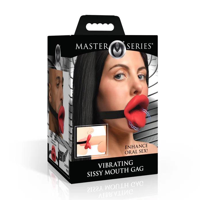 Master Series Vibrating Sissy Mouth Gag with adjustable strap and 3-speed vibrating silicone lips for enhanced oral play