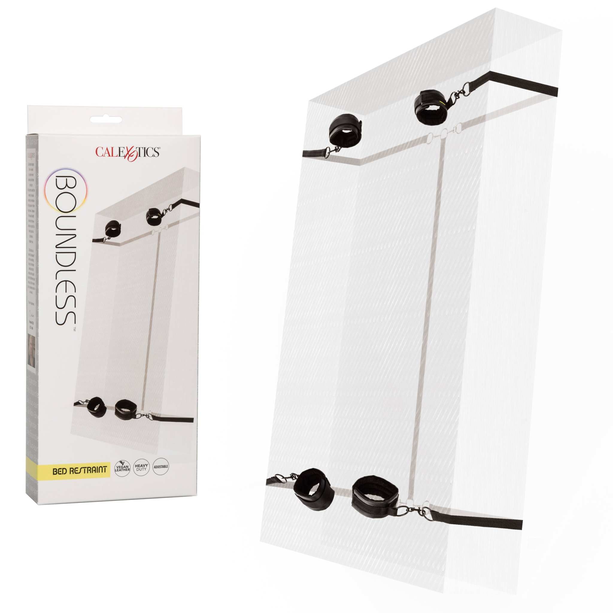Boundless Bed Restraint with adjustable wrist and ankle cuffs, sturdy tethers, and universal clasps for secure under-bed bondage restraints.