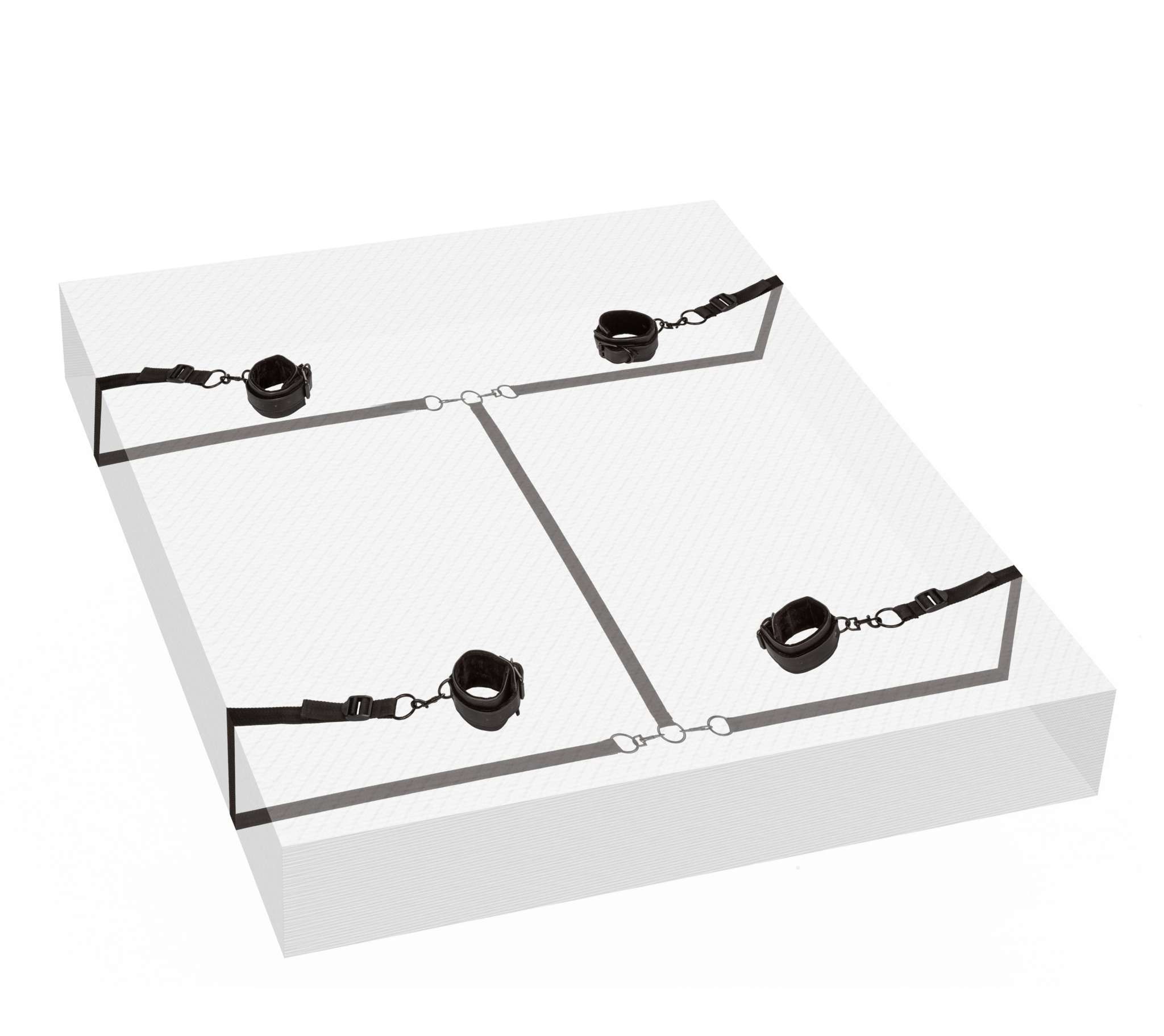 Boundless Bed Restraint with adjustable black wrist and ankle cuffs and straps designed to secure under bed mattress for BDSM restraint.
