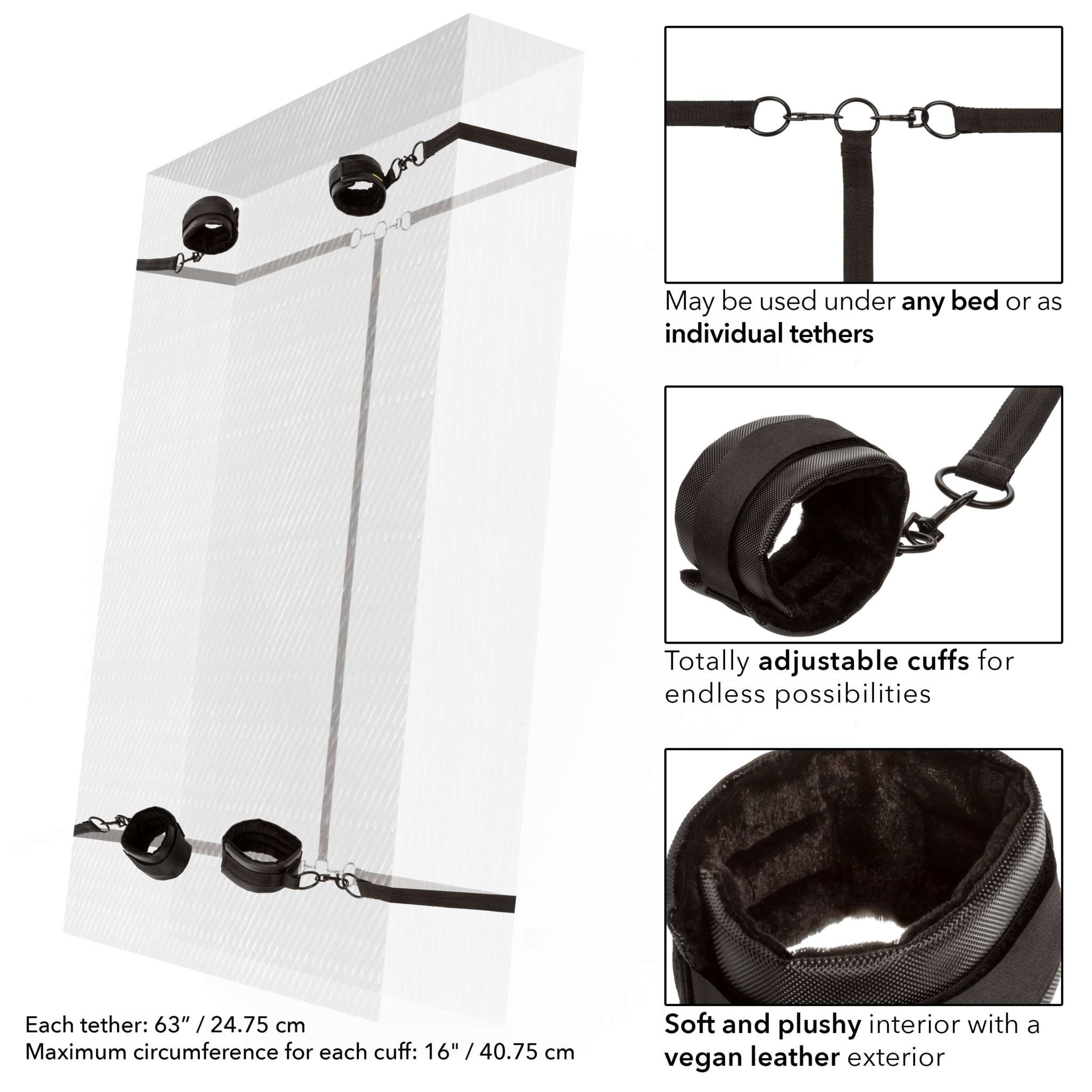 Boundless Bed Restraint with adjustable wrist and ankle cuffs, soft plush interior, and durable straps for under-bed or individual use.