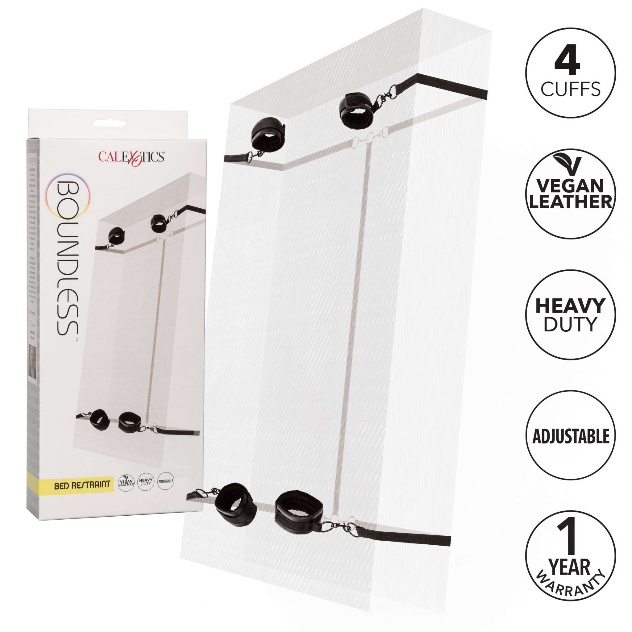 Boundless Bed Restraint with adjustable vegan leather cuffs and heavy-duty straps for under-bed bondage, includes four detachable cuffs and one-year warranty