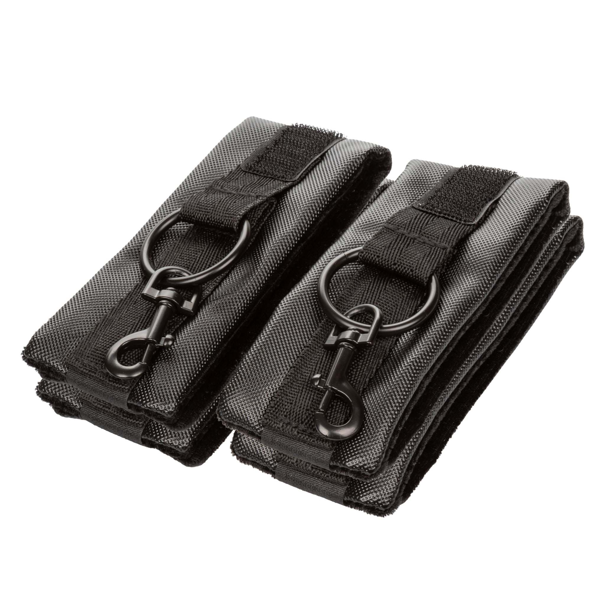 Black adjustable Boundless Bed Restraint wrist or ankle cuffs with Velcro closures and swivel clasps for secure BDSM restraint.