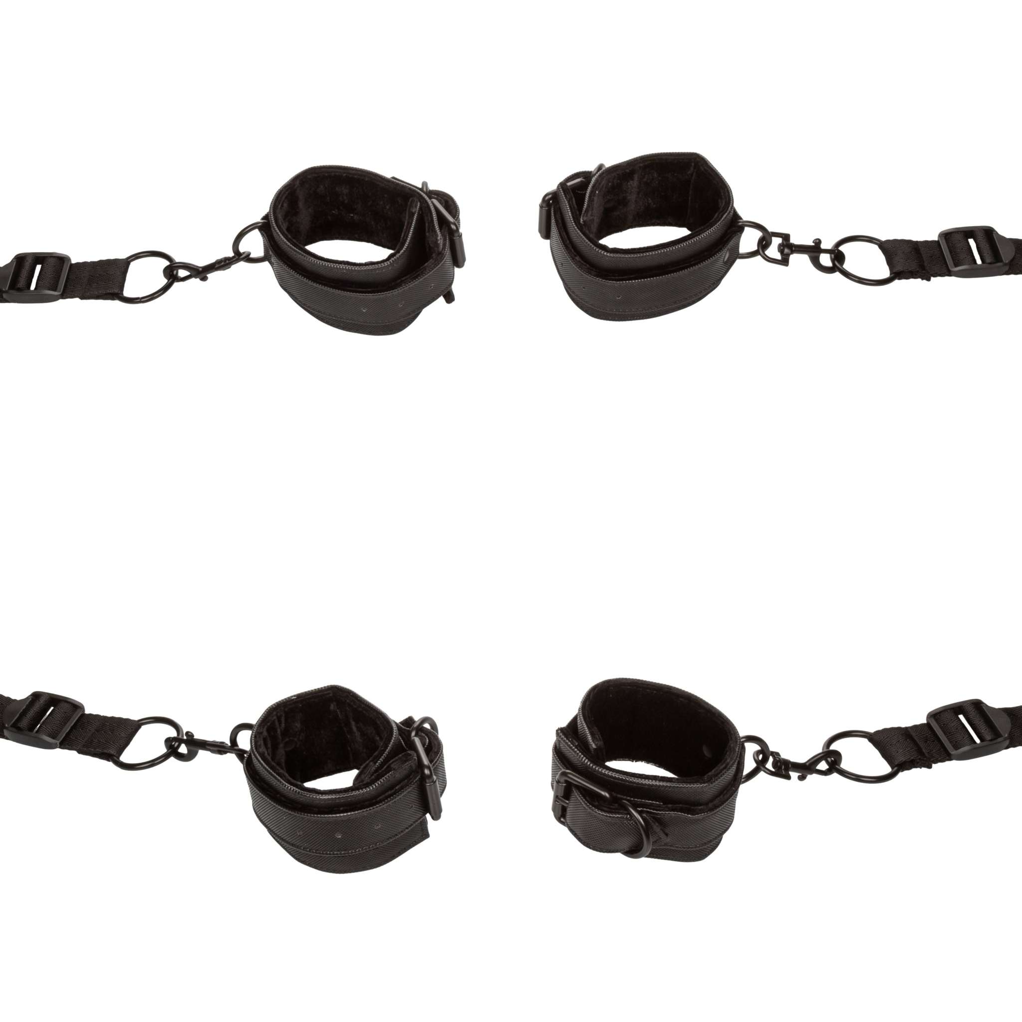 Adjustable black wrist and ankle cuffs with Velcro closures and swivel clasps for Boundless Bed Restraint system.