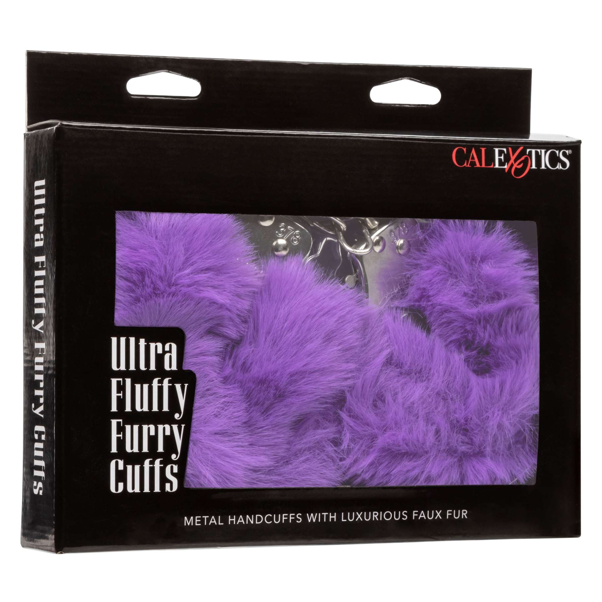 Ultra Fluffy Furry Cuffs purple metal handcuffs with soft faux fur and lockable design in black packaging