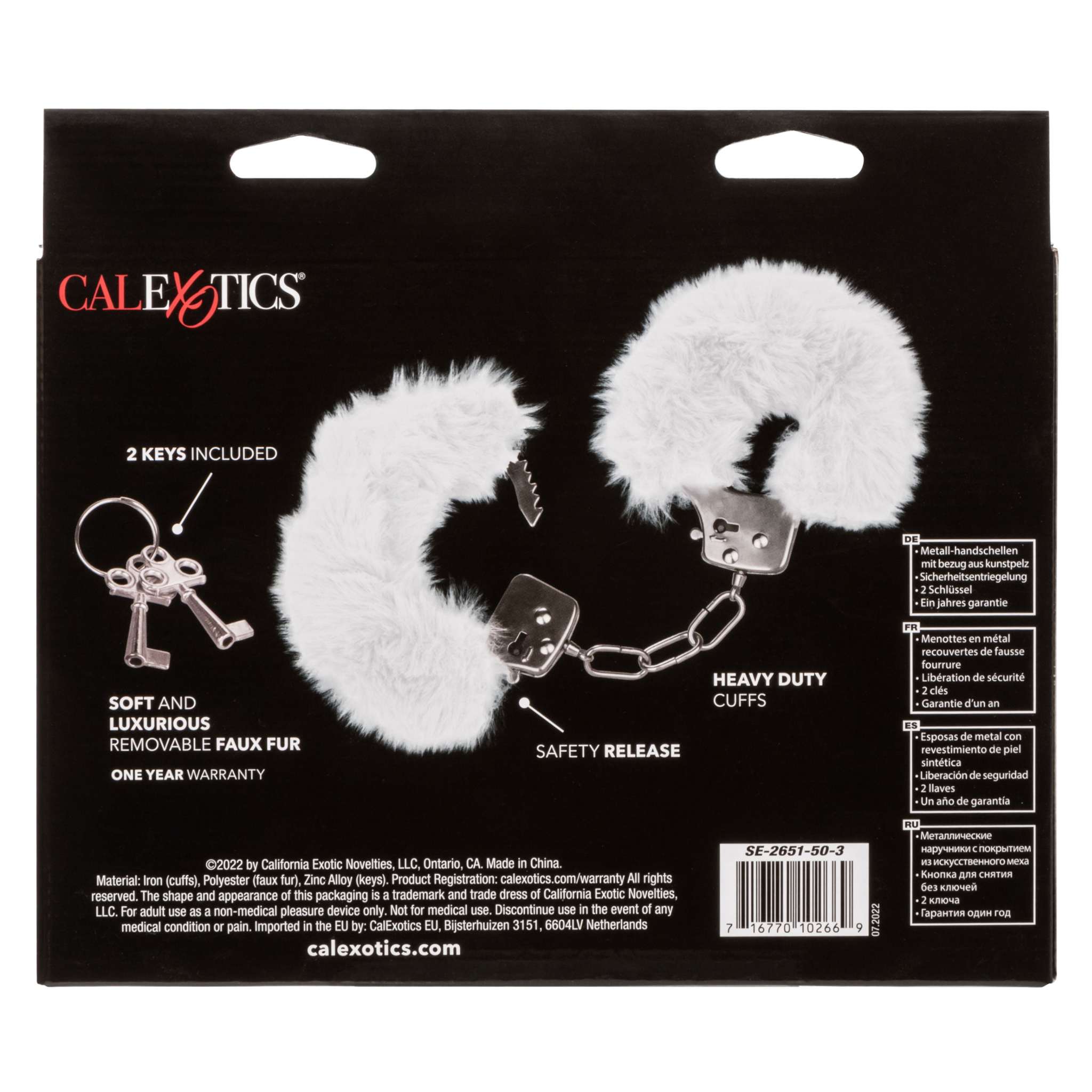 Ultra Fluffy Furry Cuffs with soft white faux fur, metal handcuffs, safety release, and two keys included.