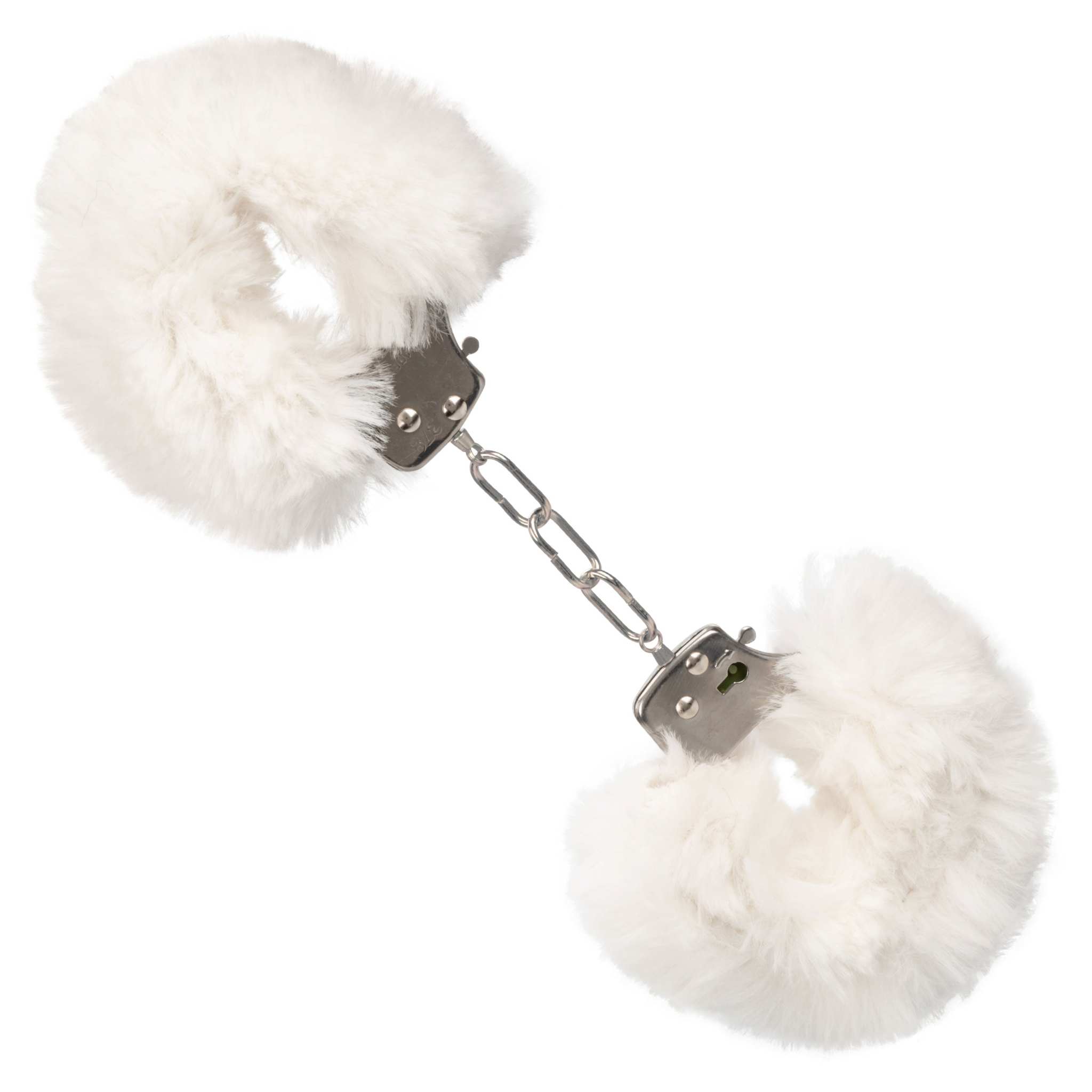 White ultra fluffy furry cuffs with soft faux fur and metal chain restraint design