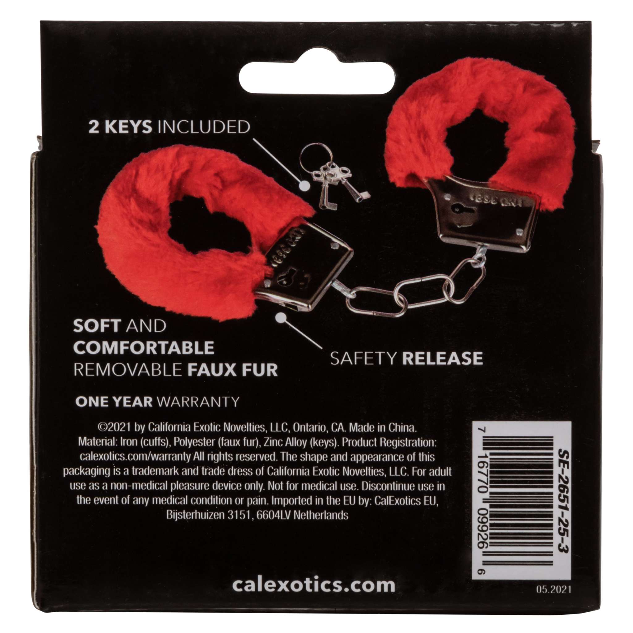 Red playful furry cuffs with soft removable faux fur, metal handcuffs, safety release, and two keys included