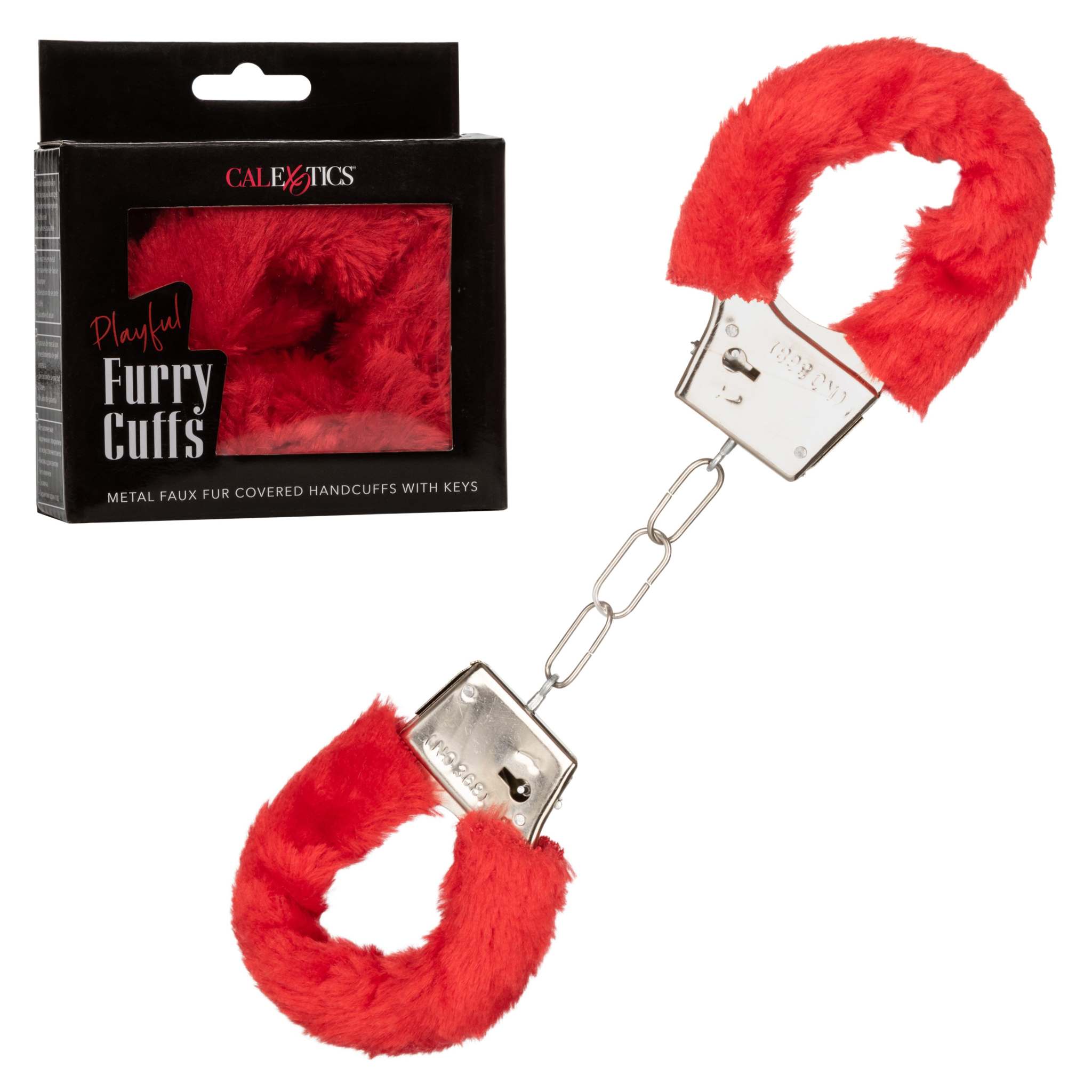 Red playful furry cuffs with soft faux fur and metal handcuffs with keys and safety release in packaging