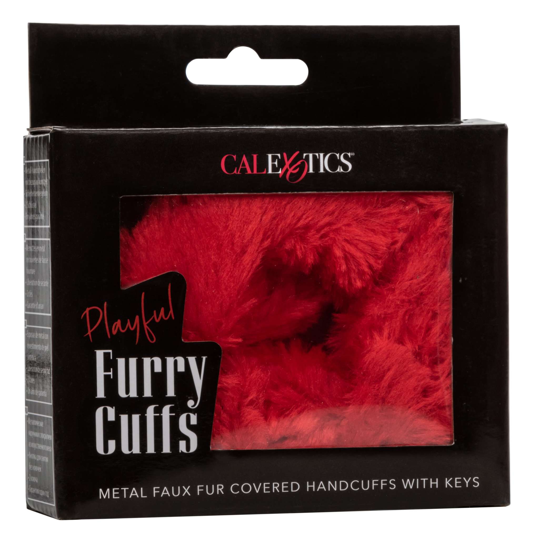 Playful furry cuffs red metal faux fur covered handcuffs with safety release and keys in black packaging