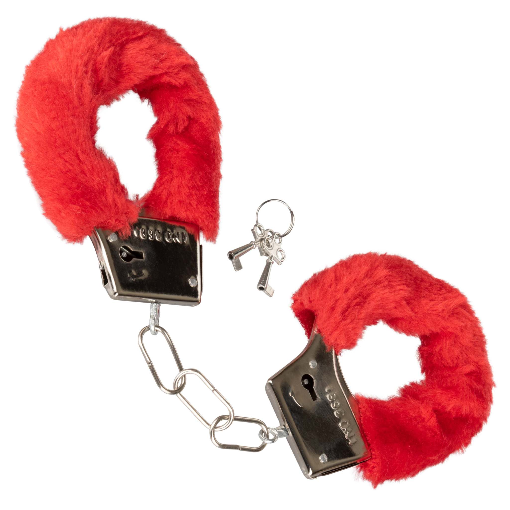 Red playful furry cuffs with soft removable faux fur and safety release keys