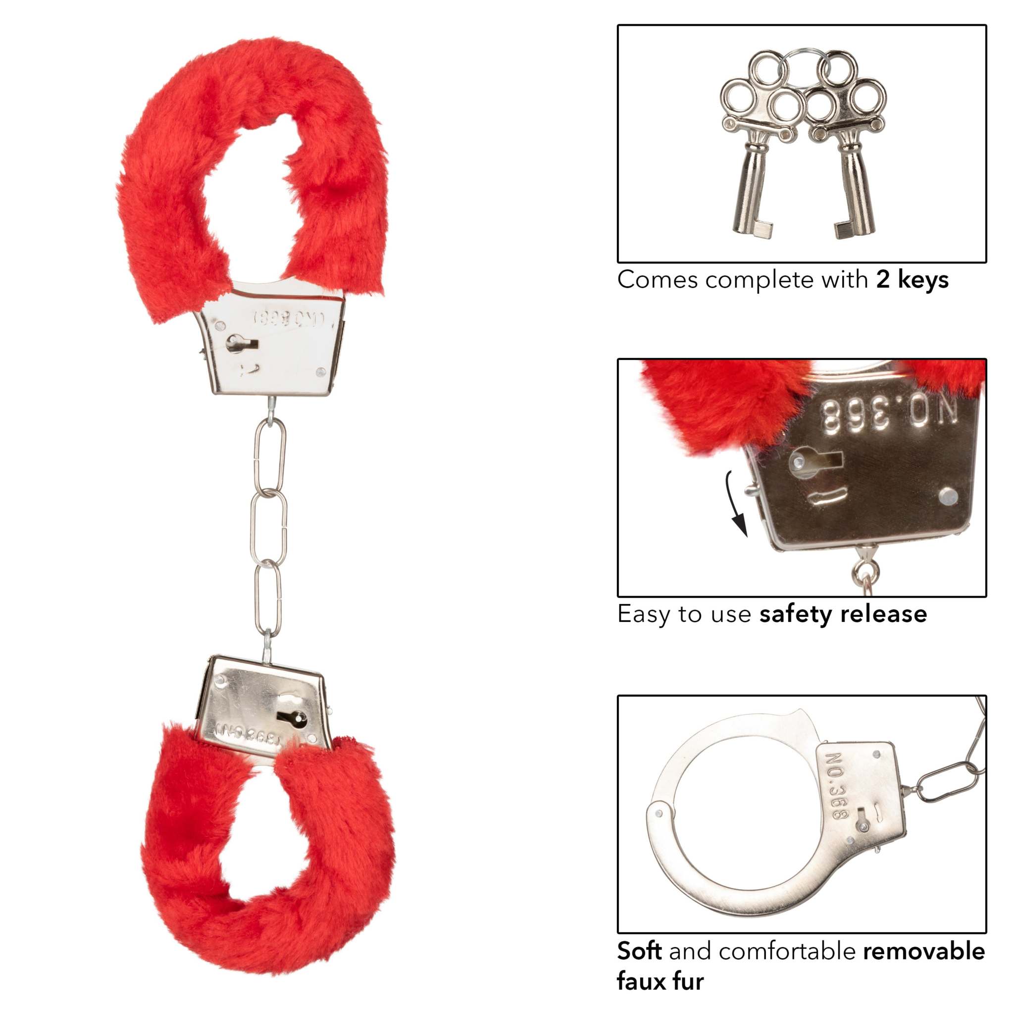 Red playful furry cuffs with metal handcuffs, removable soft faux fur, safety release, and two keys included.