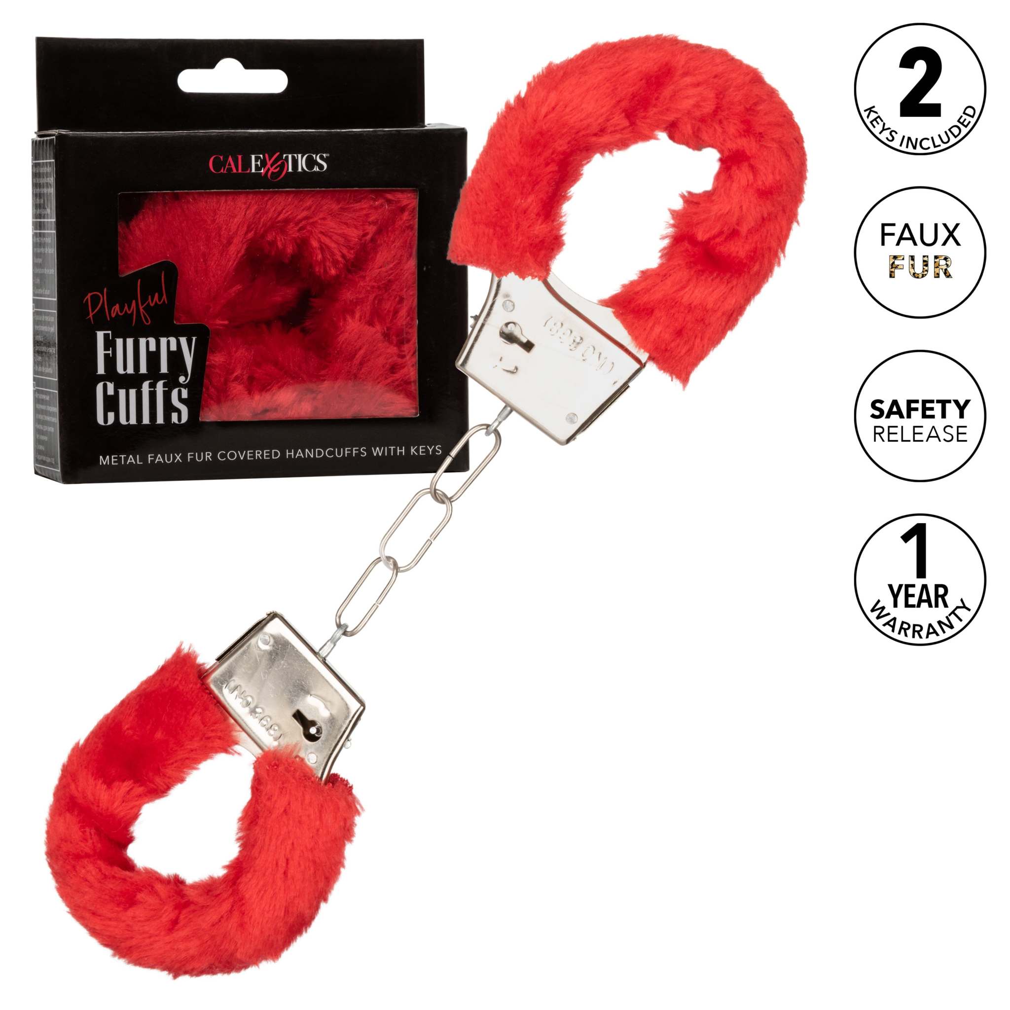 Red playful furry cuffs with soft removable faux fur and safety release, including 2 keys and 1-year warranty