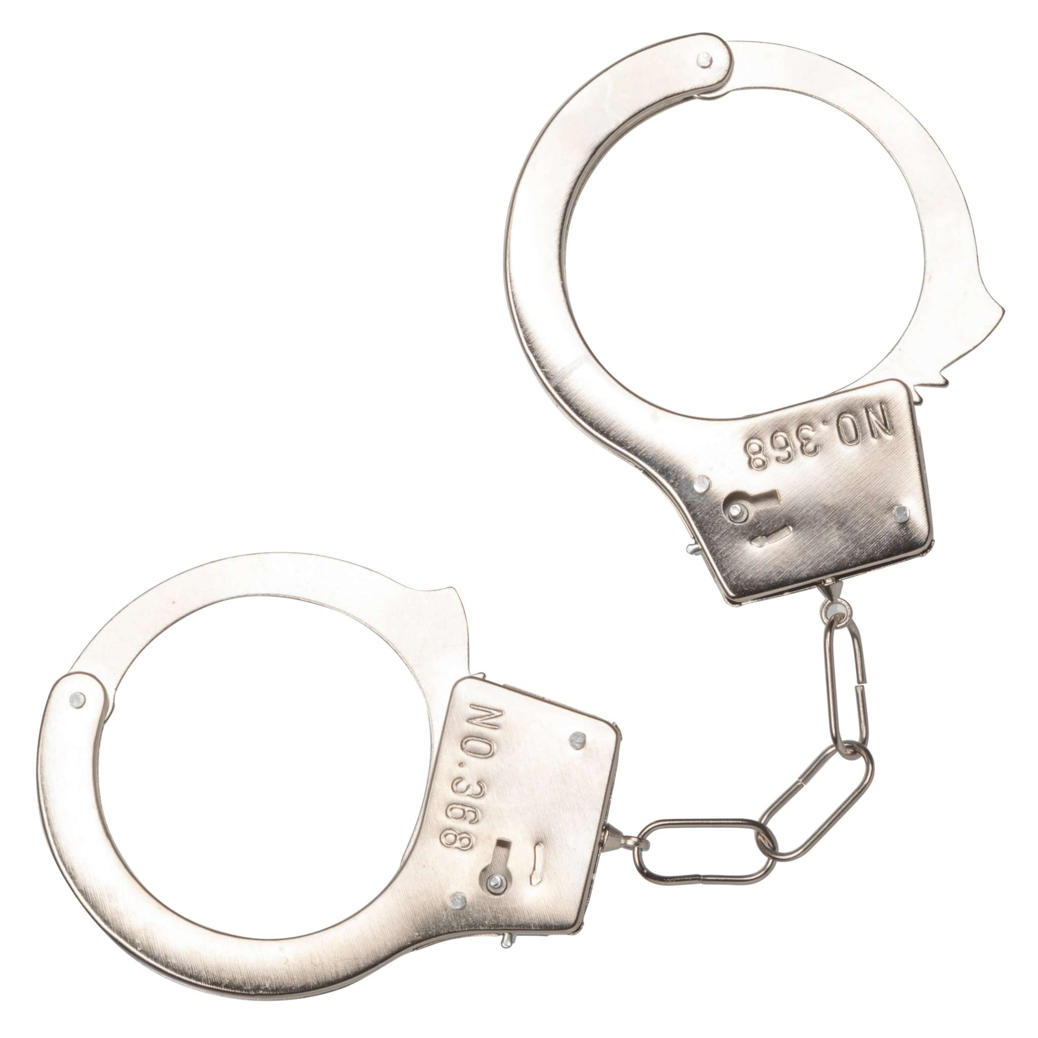 Metal handcuffs without furry covering, silver color, linked by short chain, isolated on white background