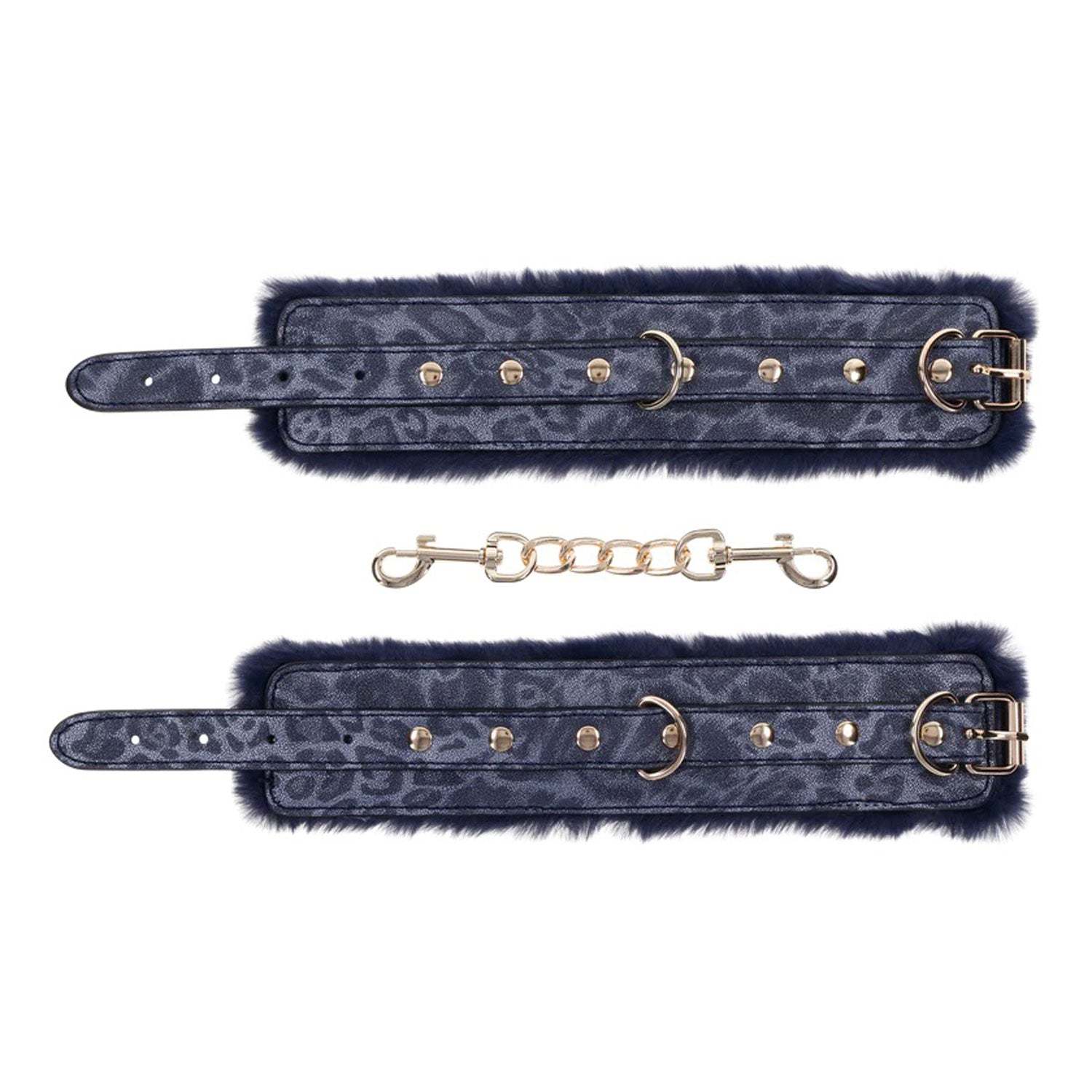 Cougar Fur Handcuffs with blue faux fur lining, gold-plated hardware, and adjustable faux leather straps with connecting chain.